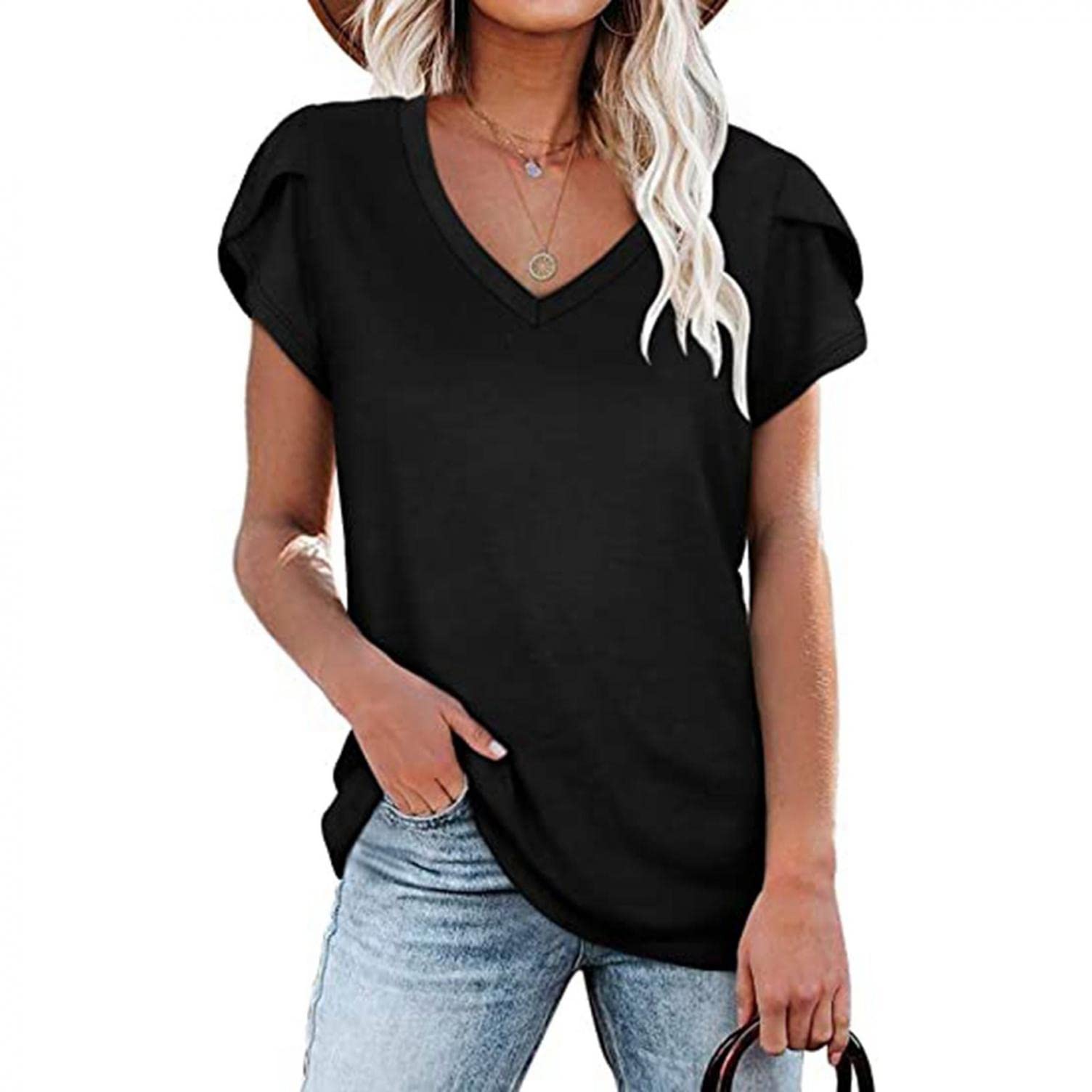 Gibobby Women's Ruffle Short Sleeve V-Neck T-Shirt - Casual Loose Fit Blouse for Summer, Work & Everyday Wear | Trendy Ladies Top for Outfits
