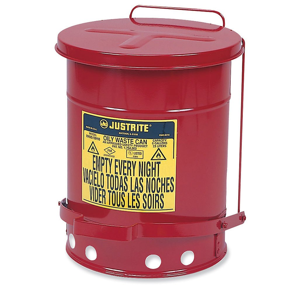 Justrite 09100 6-Gallon Red Self-Closing Oil Waste Can - Safety Container for Used Motor Oil, Hydraulic Fluid & Lubricants - Ideal for Auto Shops, Garages & Industrial Workplaces