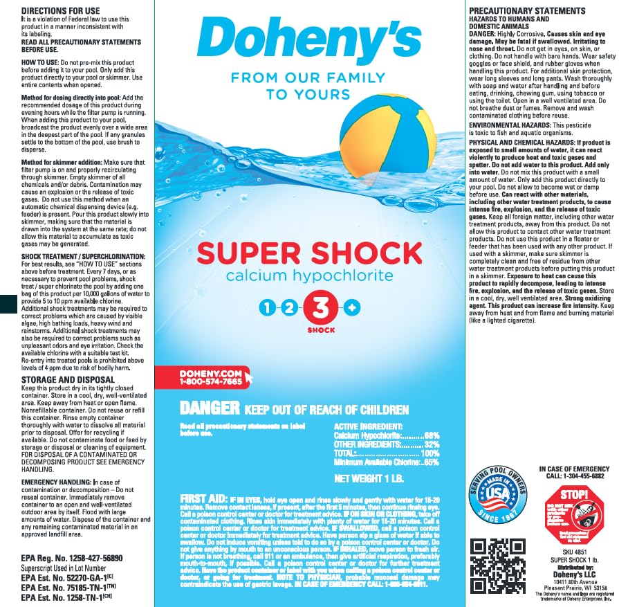 Doheny's Super Pool Shock | 68% Cal-Hypo Granular Chlorine Shock for Pools - Quick Dissolving, Fast Acting, Professional Grade | 24 x 1lb Bags | Made in USA | Perfect for Weekly Maintenance, Algae Treatment & Pool Opening/Closing