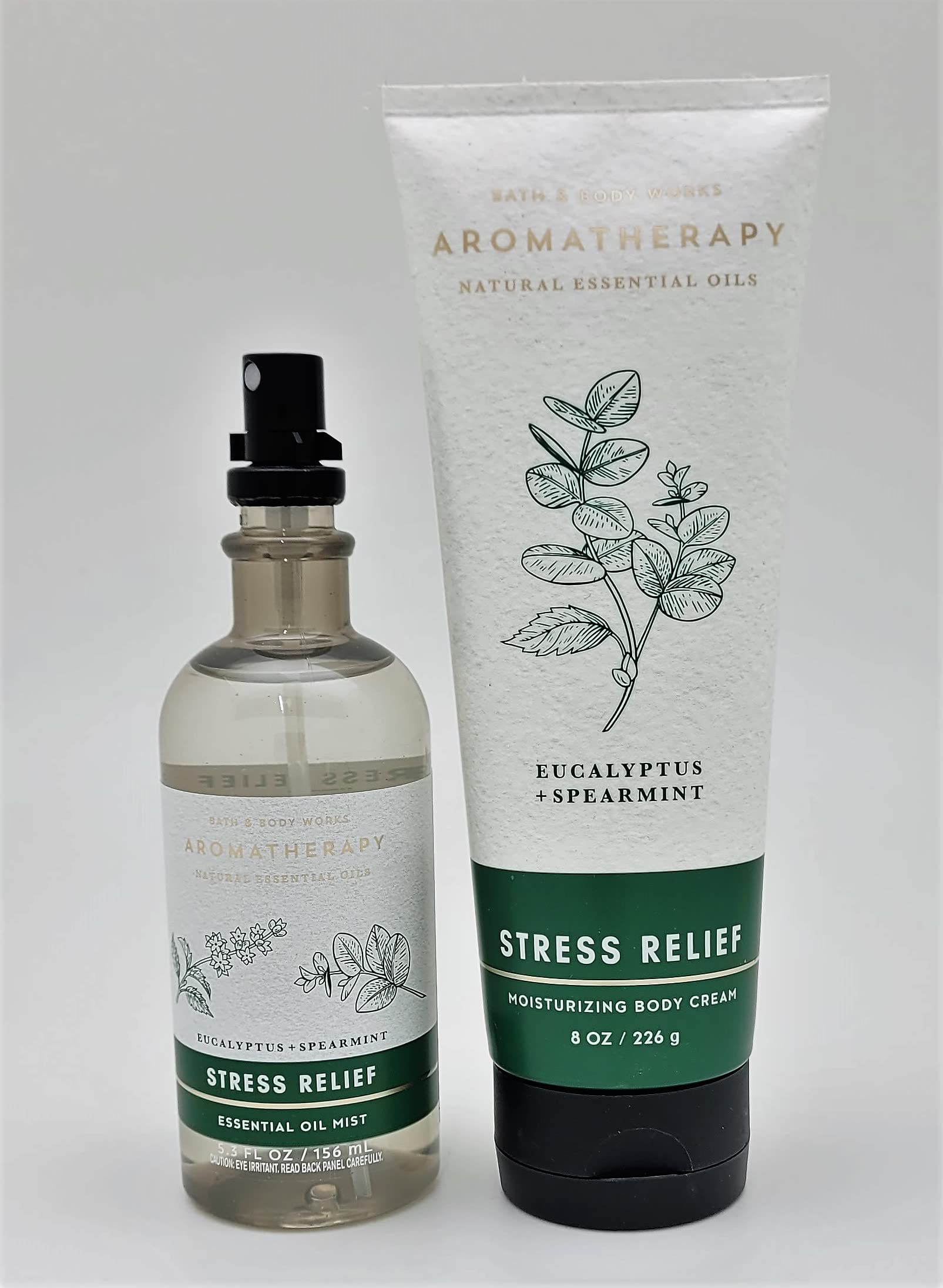 Bath & Body Works Aromatherapy Eucalyptus Spearmint Stress Relief Essential Oil Mist (5.3 fl oz) & Body Cream (8 oz) 2-Piece Set - Relaxing Spa Treatment for Home, Office & Travel Self-Care