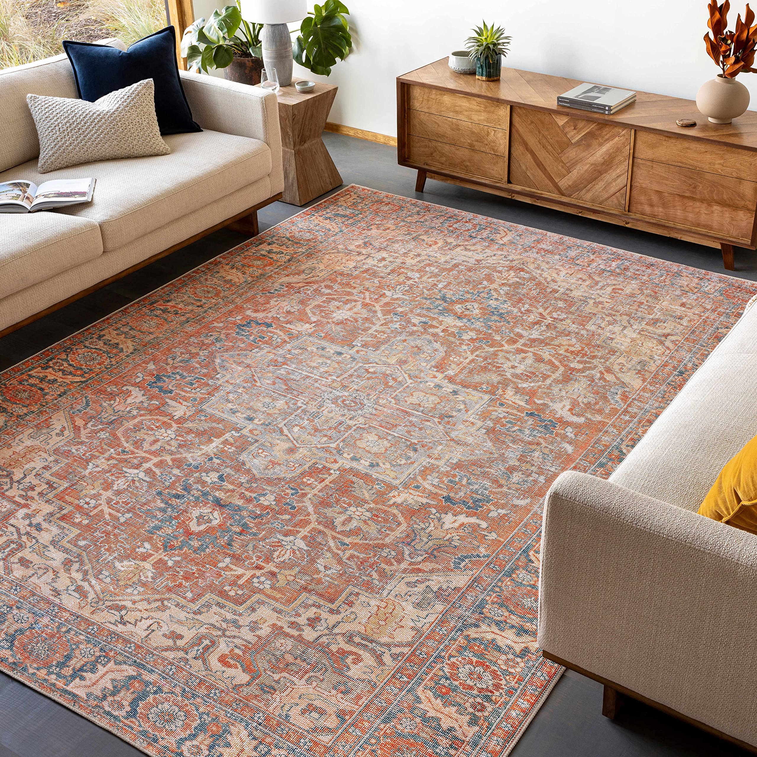 Hauteloom Sampao Machine Washable Traditional Area Rug - Orange & Blue - 8'10