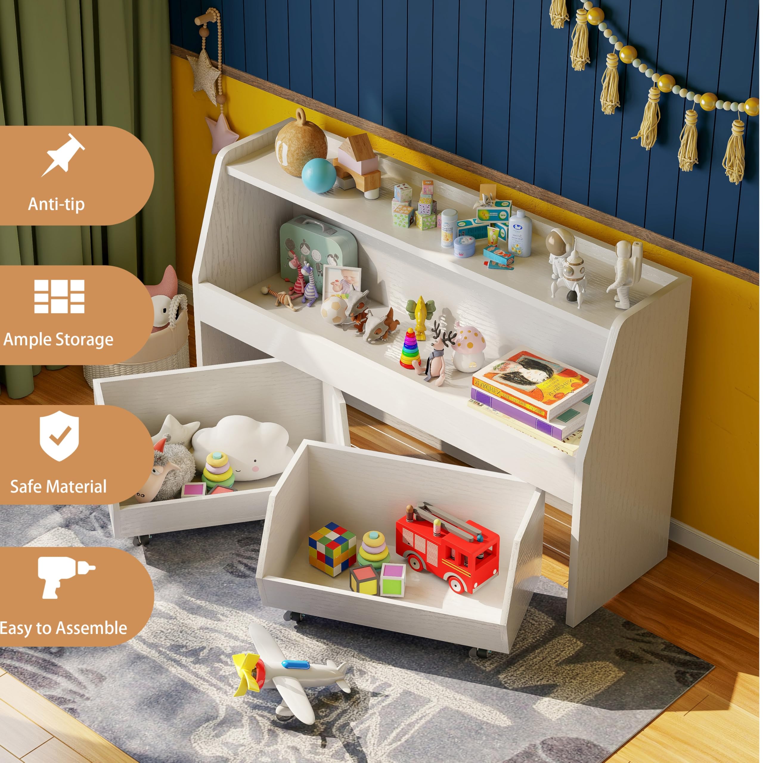 COZPAW 2-Tier Toy Storage Organizer with Movable Drawers - Kids Bookshelf & Toy Cabinet for Nursery, Bedroom, Living Room - Natural White | Perfect for Organizing Toys, Books & Kids' Room Essentials