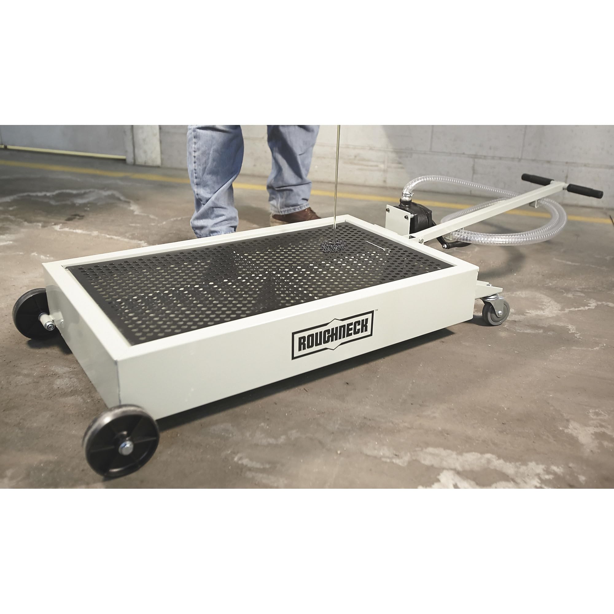 Roughneck Low-Profile Oil Drain - 15-Gallon Capacity Manual Pump with Steel Construction | Perfect for Automotive Workshops, DIY Oil Changes & Heavy Equipment Maintenance