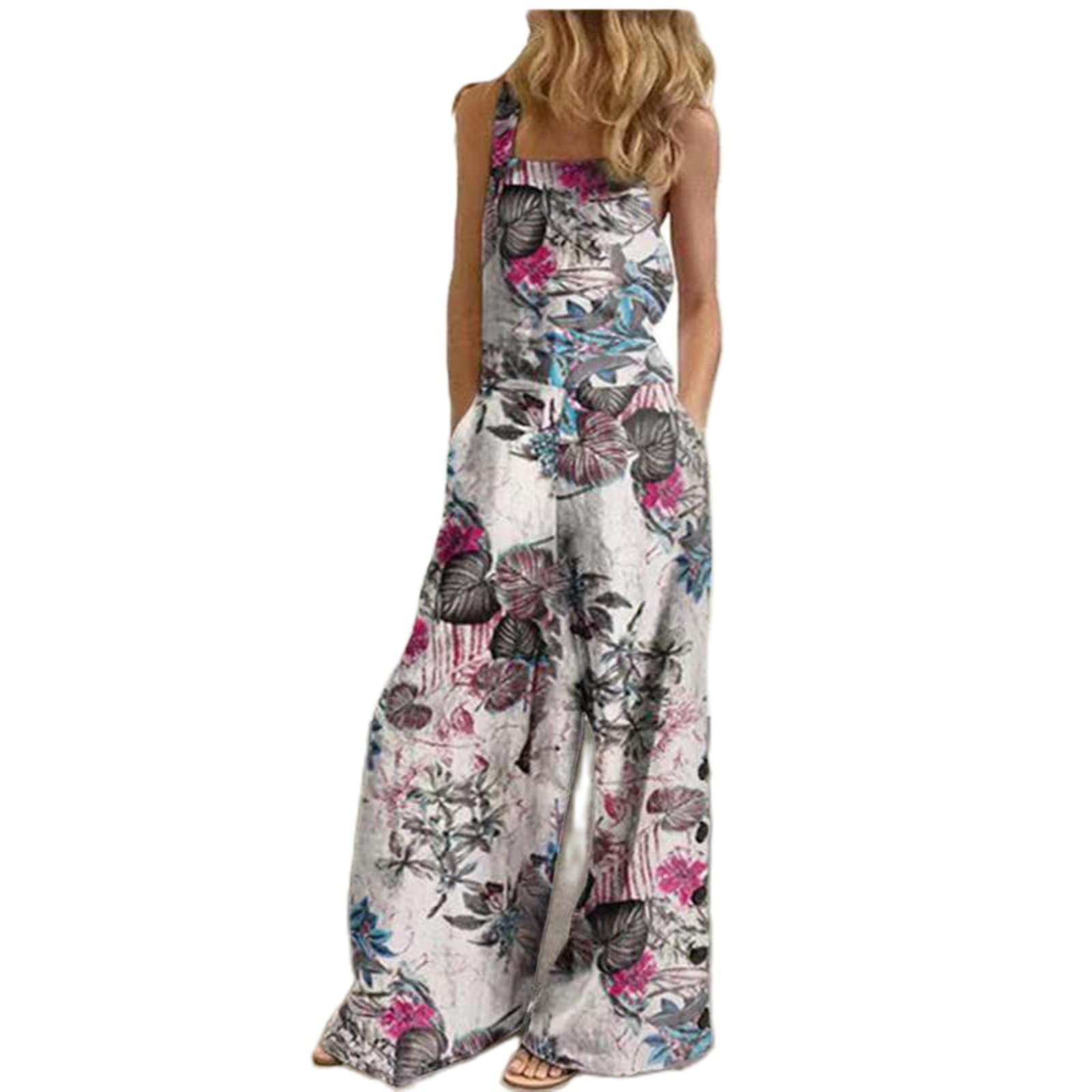 NUFIWI Women's Boho Floral Print Jumpsuit - Loose Fit Baggy Overalls with Pockets, Wide Leg Long Romper for Casual Outings & Summer Vacations