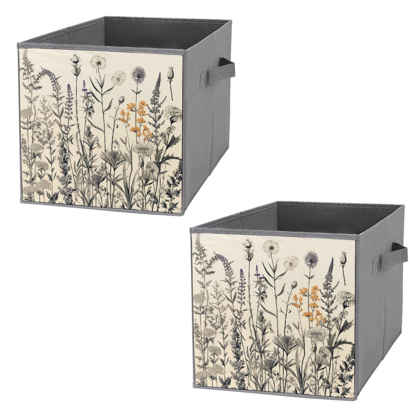 2PCS Foldable Storage Bins - Floral Herbs Botanical Printed Storage Boxes with Handles, Large Capacity Storage Containers for Home, Office, Playroom Organization | Perfect for Toys, Books, Clothes & Home Decor Storage