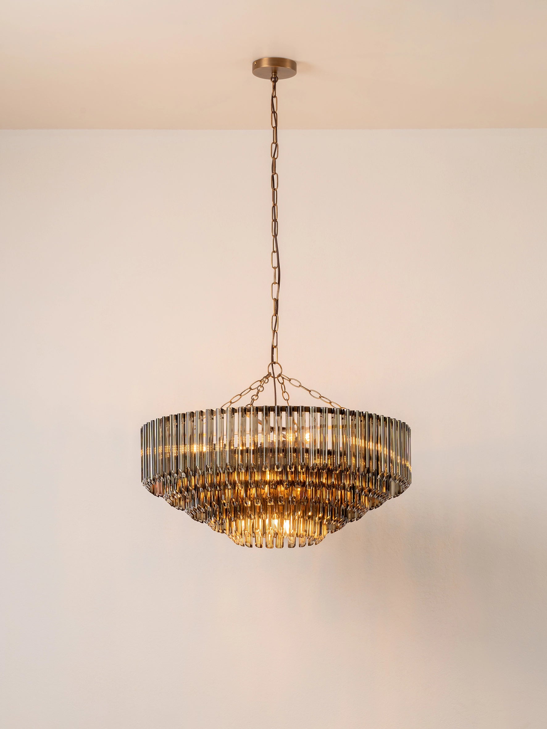 Petalia 9-Light Chandelier - Aged Brass & Smoked Green Glass Tube Design for Dining Room, Living Room, or Entryway Lighting