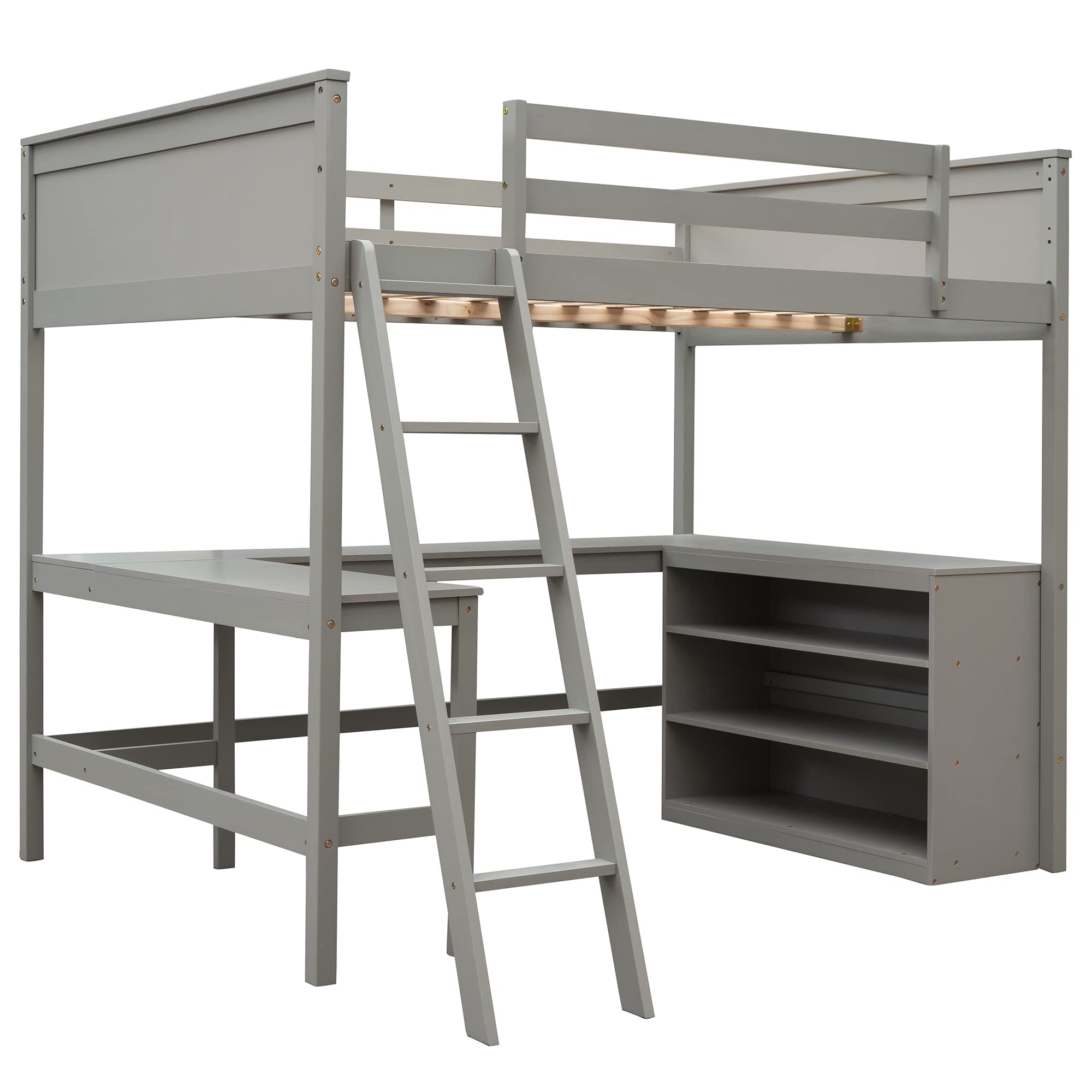 Full Size Loft Bed with Desk & Shelves - Sturdy Wooden Loft Bed with Storage Space - Perfect for Kids, Teens & Adults - Space-Saving Gray Loft Bed for Small Rooms, Dorms & Apartments