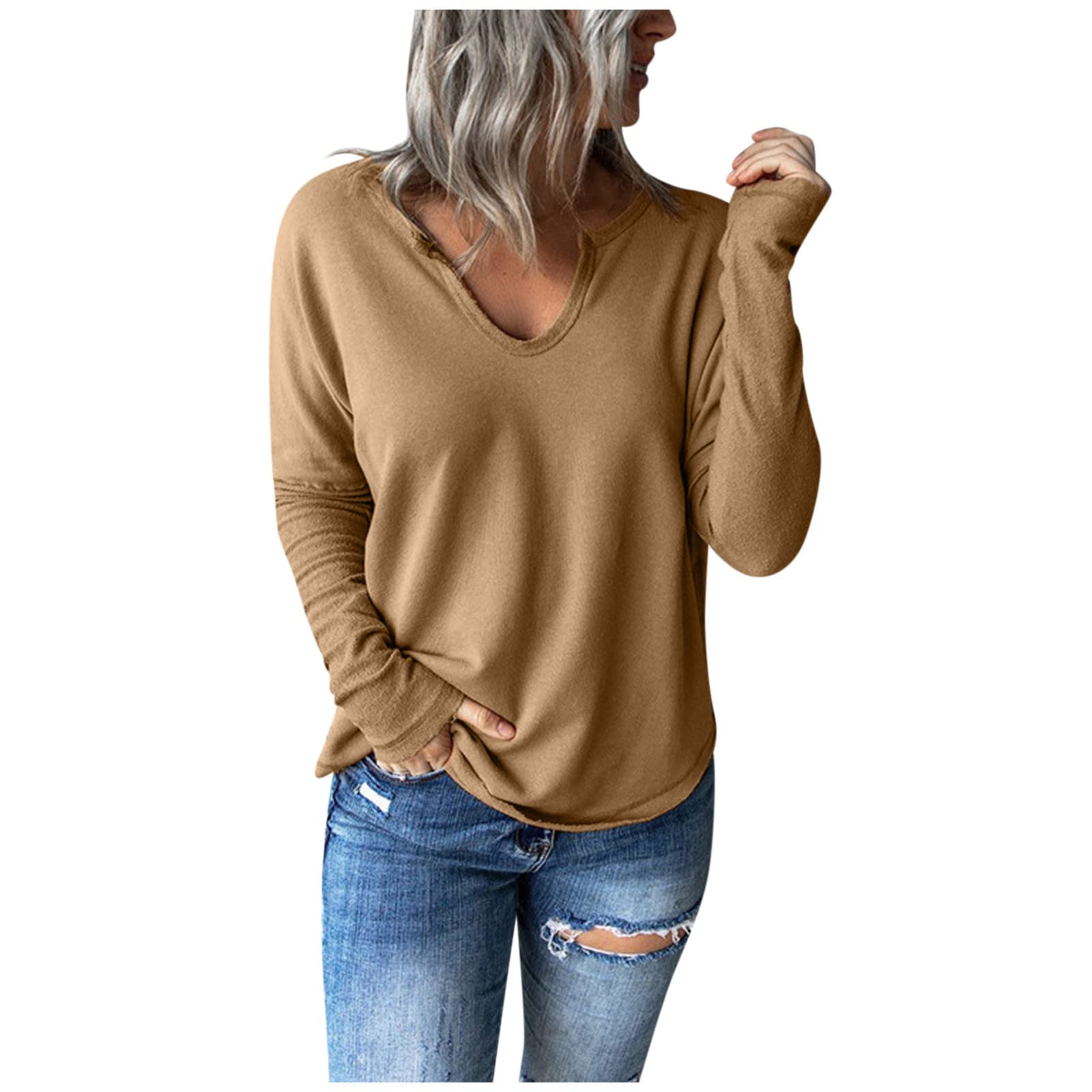 Women's Long Sleeve V-Neck T-Shirts - Solid Color Basic Tops for Fall & Layering | Casual Everyday Wear & Work Outfits