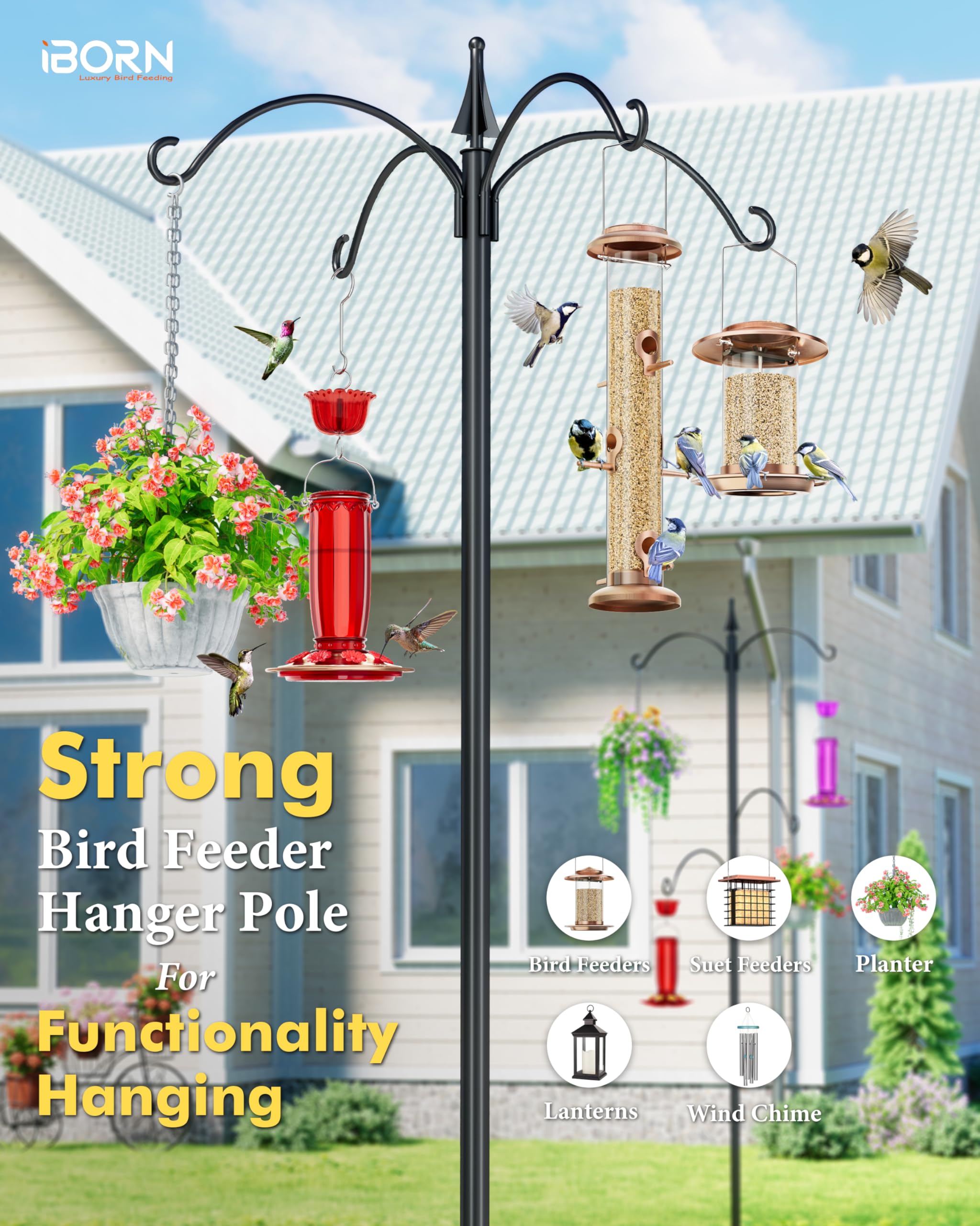 iBorn 87Inch Heavy Duty Hanging Bird Feeder Station Stand - 1 Inch Thick Pole with 4 Hooks & 5-Prong Stabilizer for Wild Birds (Bird Feeders Not Included) - Perfect for Backyard, Garden, and Outdoor Bird Watching