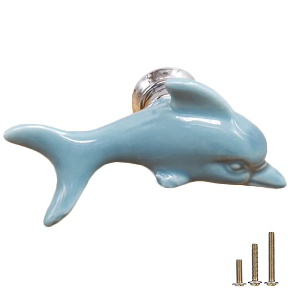 5Pcs Dolphin Ceramic Drawer Knobs for Kids - Cute Cartoon Cabinet Handles for Dresser & Bookcase (Blue) - Nursery & Playroom Decor