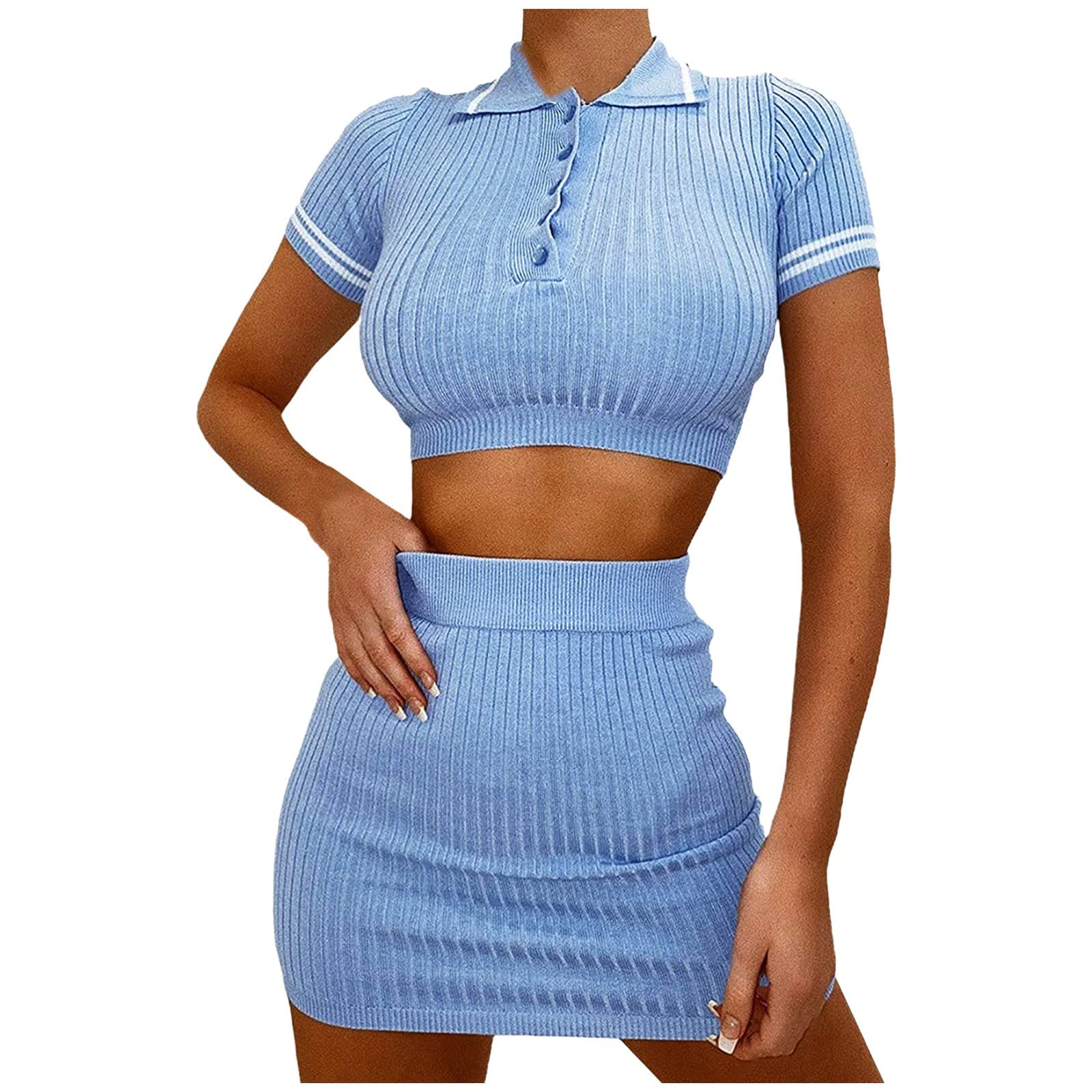 UIKMNH Women's Sexy V-Neck Striped Pencil Dress Set - Summer Casual Fitted Two-Piece Outfit with Short Sleeves | Perfect for Office, Date Night & Cocktail Parties