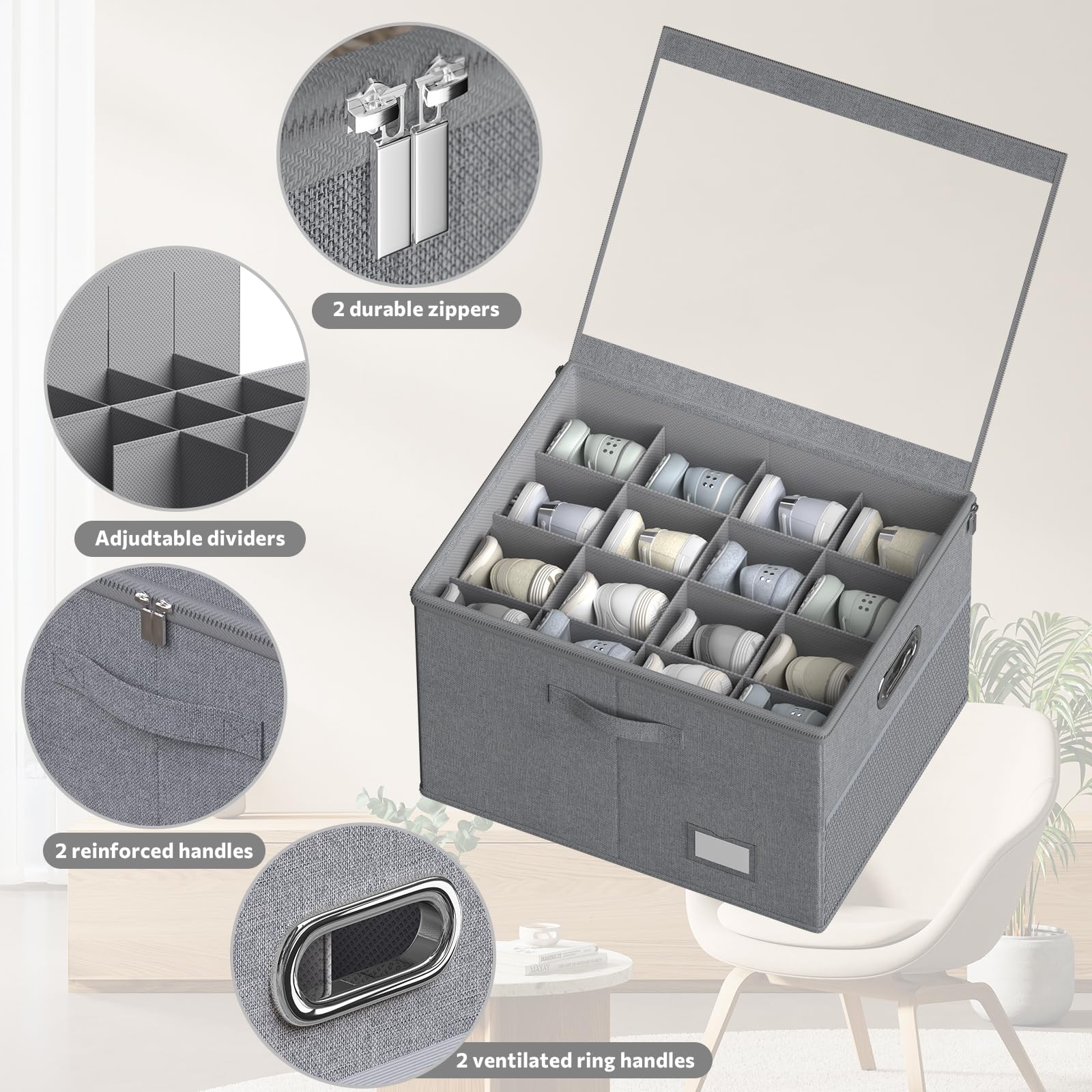 Clear Window Shoe Organizer for Closet - Large Foldable Shoe Storage Box with Adjustable Dividers, Holds 16 Pairs - Perfect for Bedroom, Entryway & Closet Organization (Space Saving Shoe Bin with Bottom Support)