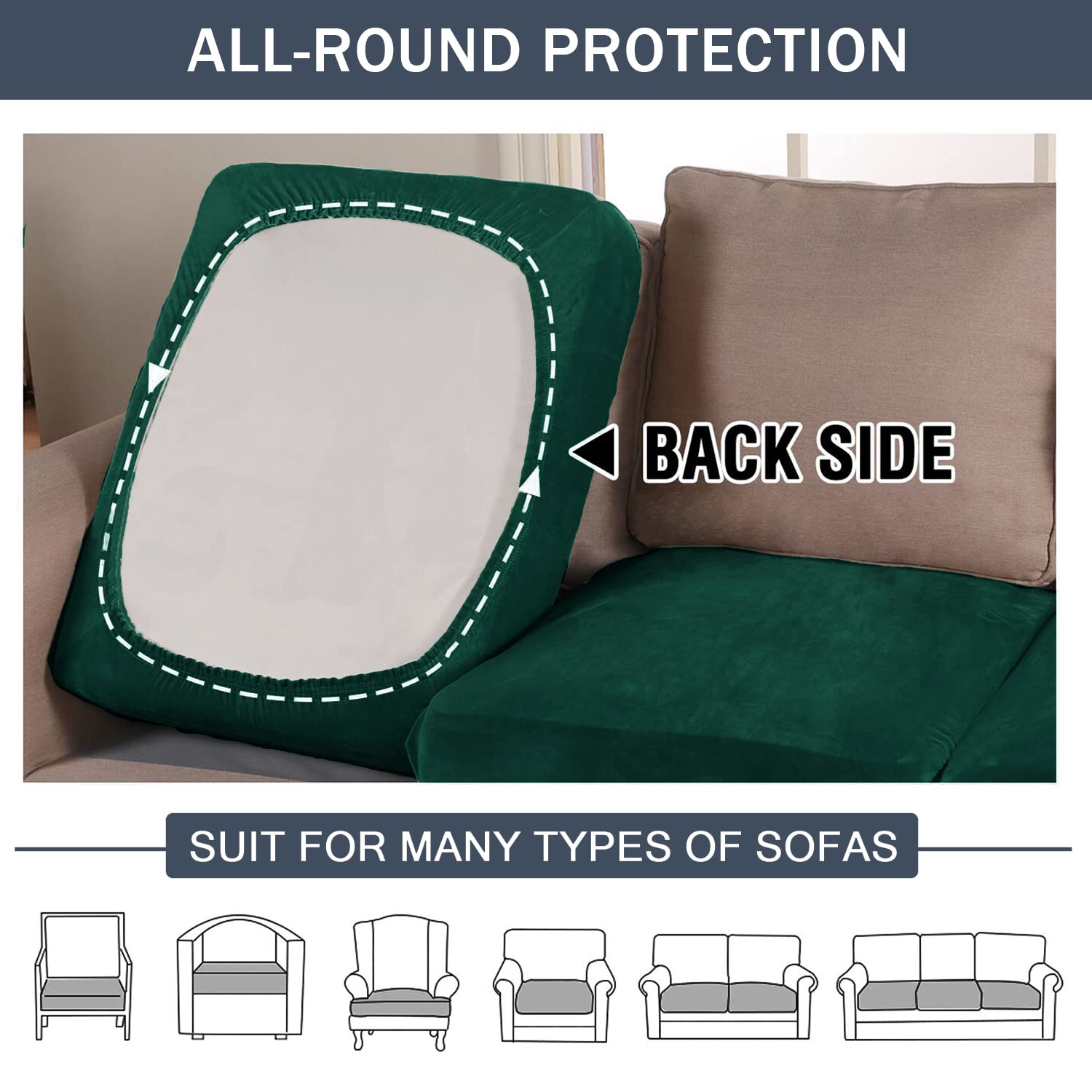 Soft Velvet Plush Stretch Cushion Cover - Elastic Bottom Sofa Slipcover Furniture Protector (Green, 3 Pack) - Perfect for Living Room, Bedroom & Office Decor