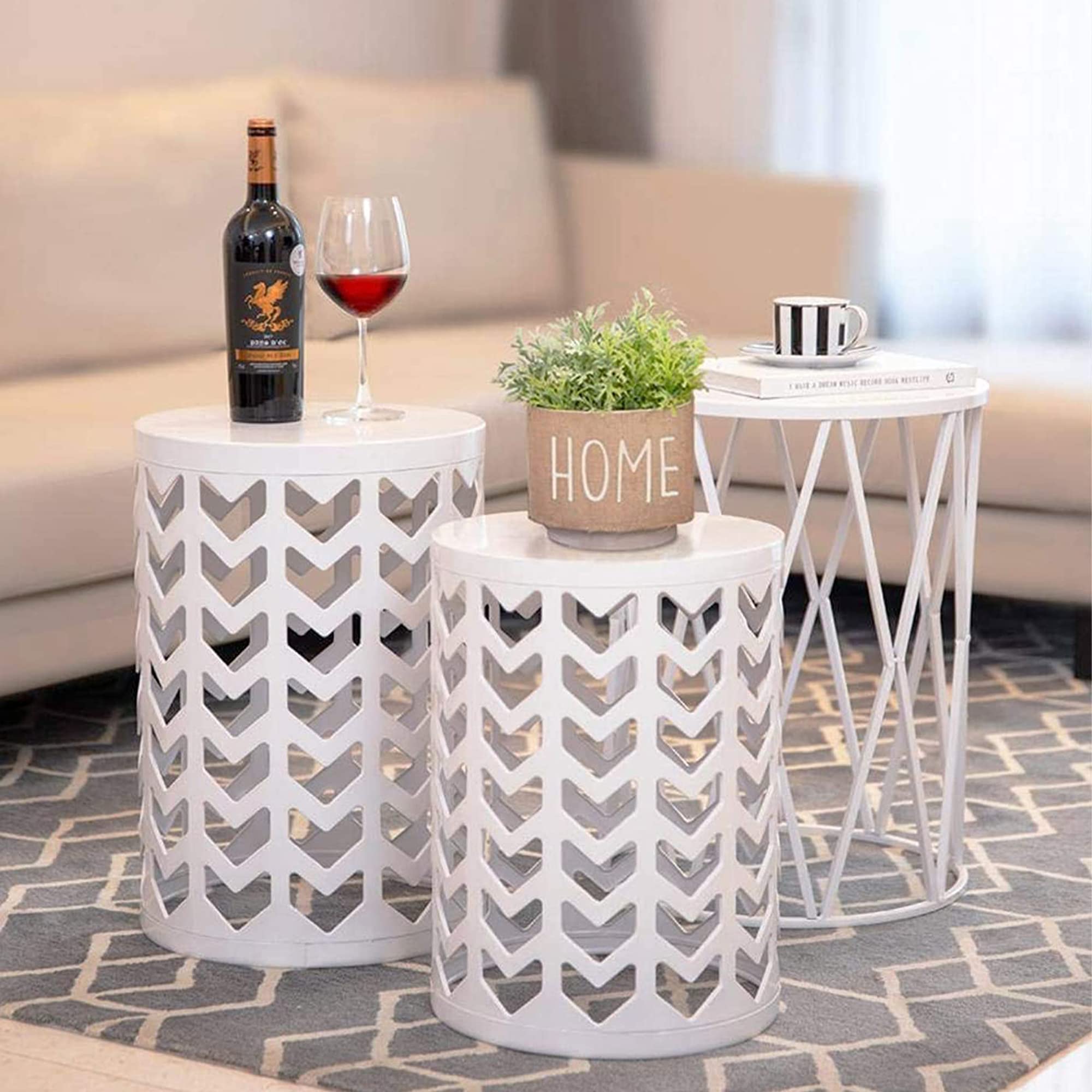 Y&M Set of 3 White Metal Round Coffee Tables - Indoor Outdoor Side Tables, End Tables, Heavy Duty Plant Stands & Garden Stools for Living Room, Patio, Balcony Decor
