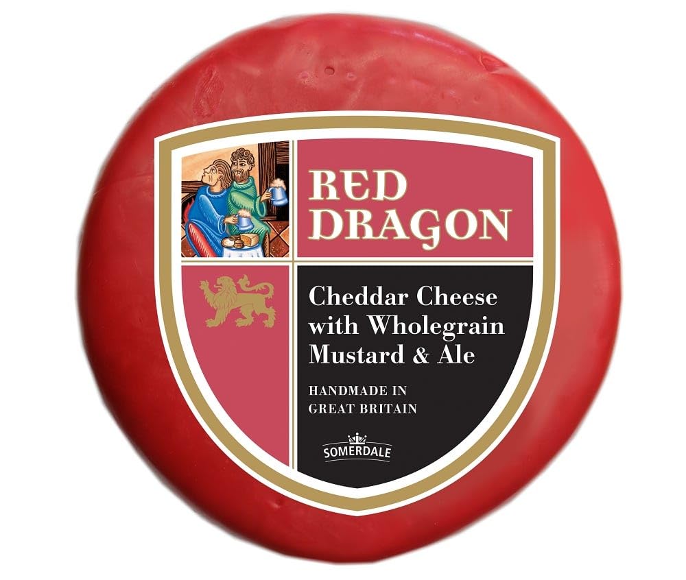 Premium Welsh Red Dragon Cheese (Whole Wheel 4.5 lbs) - Mustard Seed & Brown Ale Infused Cheddar - Gourmet Cheese for Charcuterie Boards, Wine Pairings & Holiday Gifts