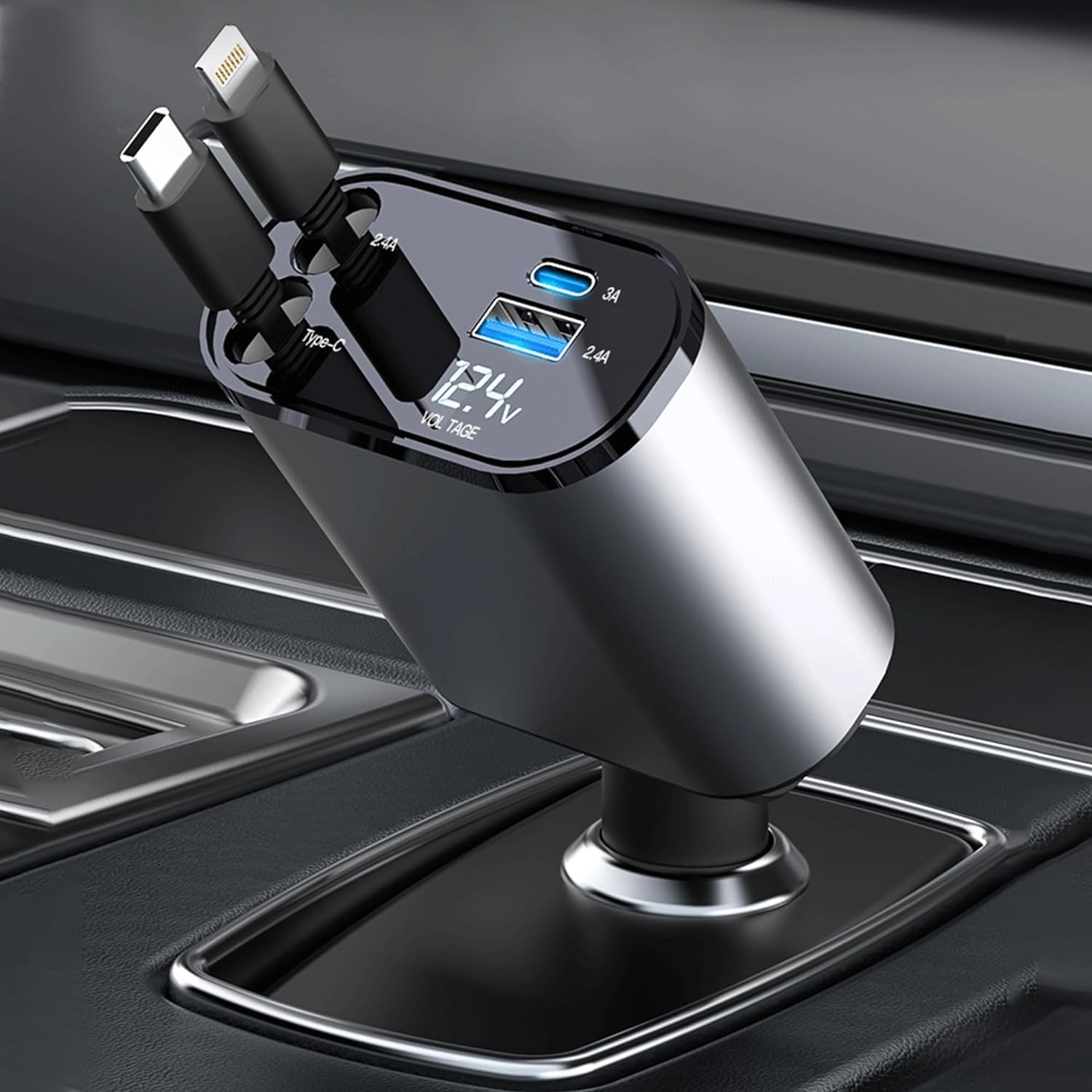100W 4-in-1 Retractable Car Charger with Fast Charging USB Cable - Compatible with iPhone 15/14/13/12/11 & Galaxy (USB-C + Lightning) | Perfect for Road Trips, Commuting & Emergency Charging in Vehicles
