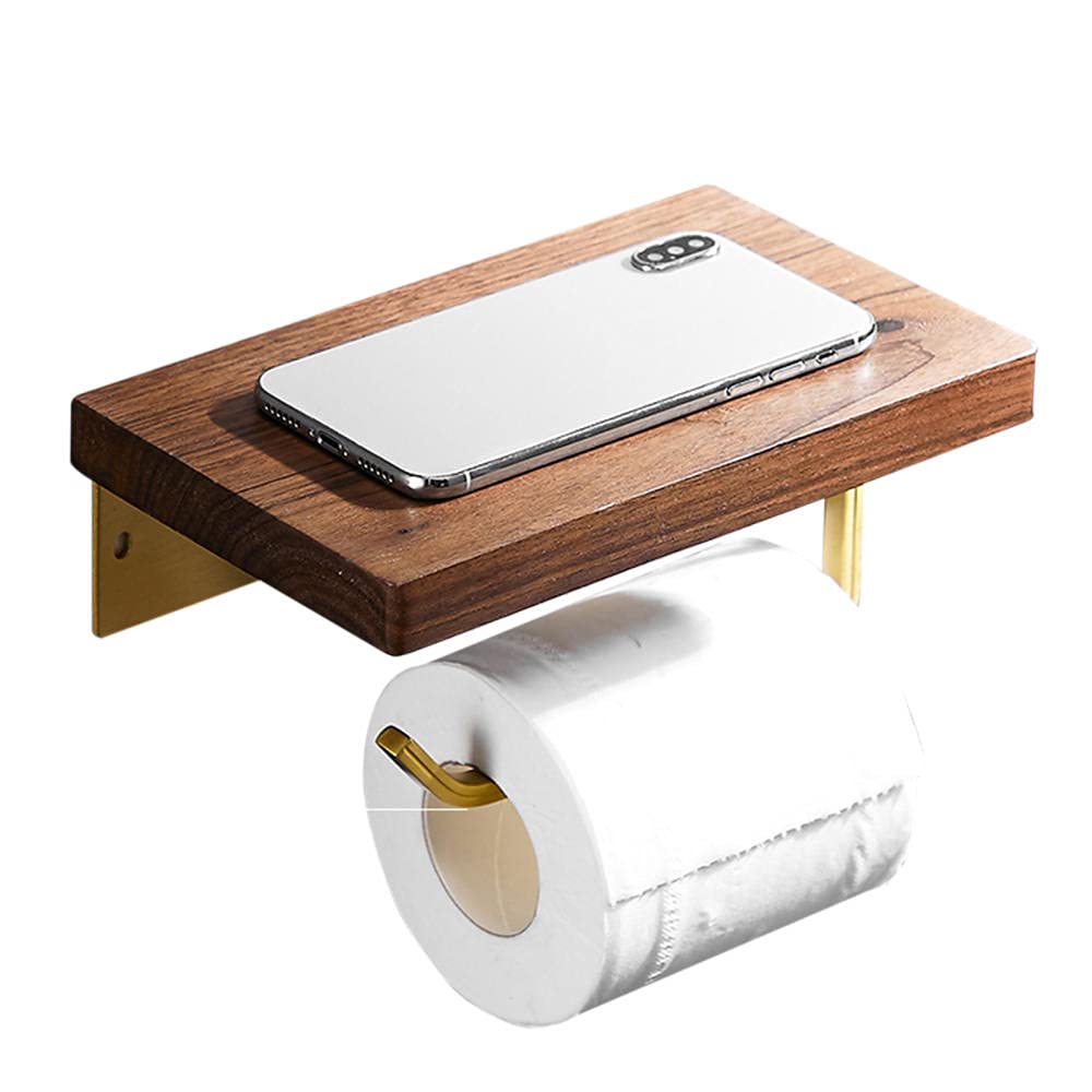 Wooden Toilet Paper Holder with Shelf - No Drill Adhesive Wall Mount Bath Tissue Roll Organizer for Bathroom & Kitchen | Space-Saving Storage Solution for Small Spaces