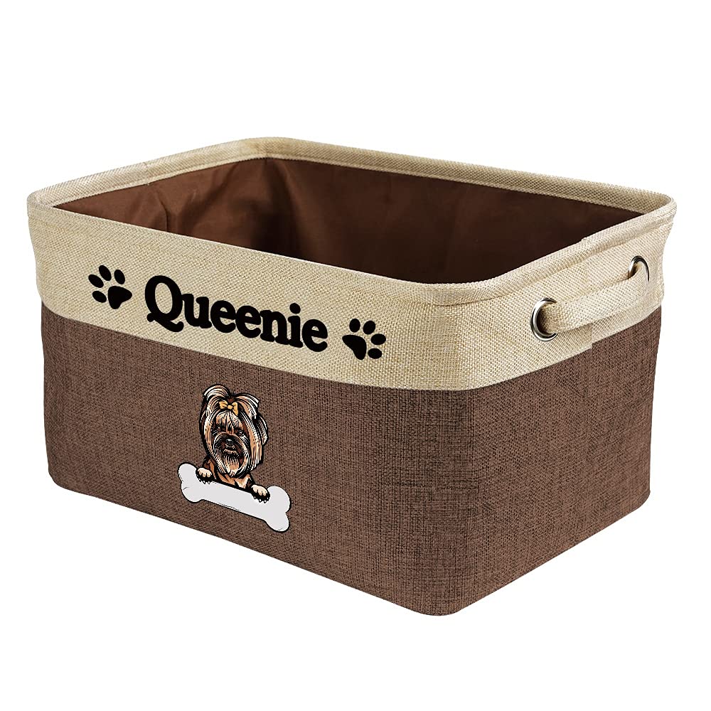 Personalized Foldable Storage Basket for Dog Toys - Collapsible Fabric Bin with Handles for Home Organization | Yorkie Design Pet Storage Cube | Perfect for Closet, Shelf & Playroom (Brown & White)