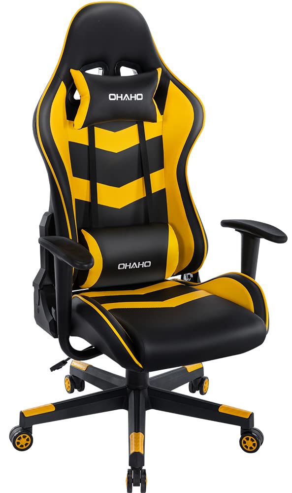 OHAHO Ergonomic Gaming Chair - High Back Racing Office Chair with Headrest & Lumbar Support, PU Leather Computer Desk Chair for Home & Work, Swivel Executive Chair with Massage Function (Yellow) - Perfect for Gamers, Office Workers & Home Use