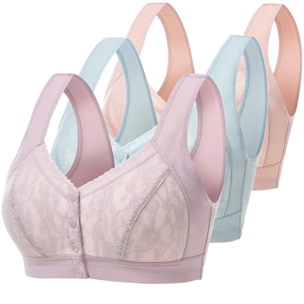 3 Pack Medium Wireless Cotton Bras for Elderly Women - Soft Cup, Button Front Closure, Comfortable Everyday Wear (No Pads) - Perfect for Relaxing at Home, Light Activities & Post-Surgery Recovery
