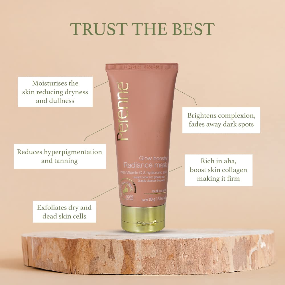 Perenne Glow Booster Mask with Vitamin C & Hyaluronic Acid - 80g Natural Clay Face Mask for Detox, Brightening & Glowing Skin | For Men & Women | Perfect for Daily Skincare & Spa Nights