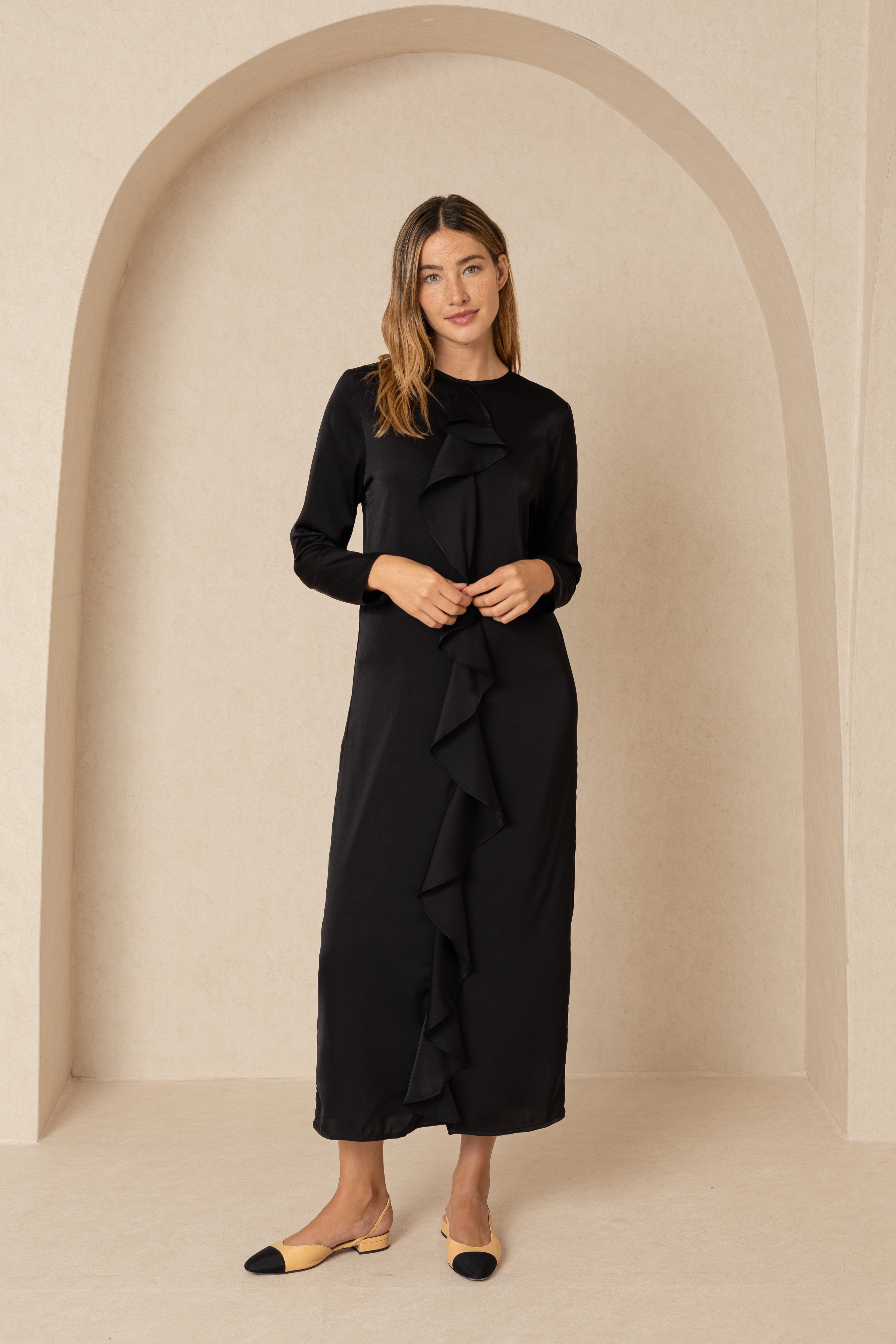 Elegant Black Silk Maxi Dress with Front Ruffle Detail - Perfect for Evening Parties, Weddings & Special Occasions