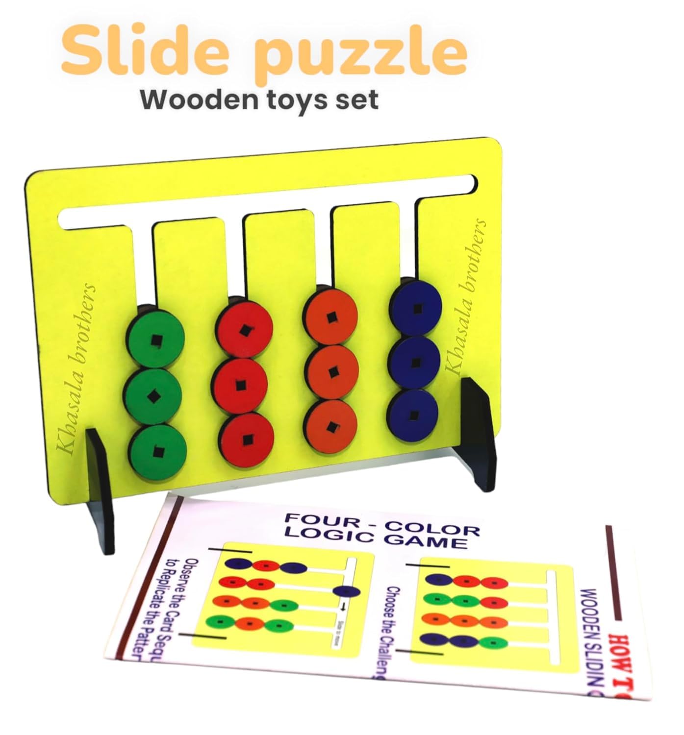 Khasala Brothers® Wooden Slide Puzzle - Color & Pattern Matching Brain Teaser, Montessori Learning Toy, Logic Game for Kids - Perfect for Preschool Education & Family Game Night