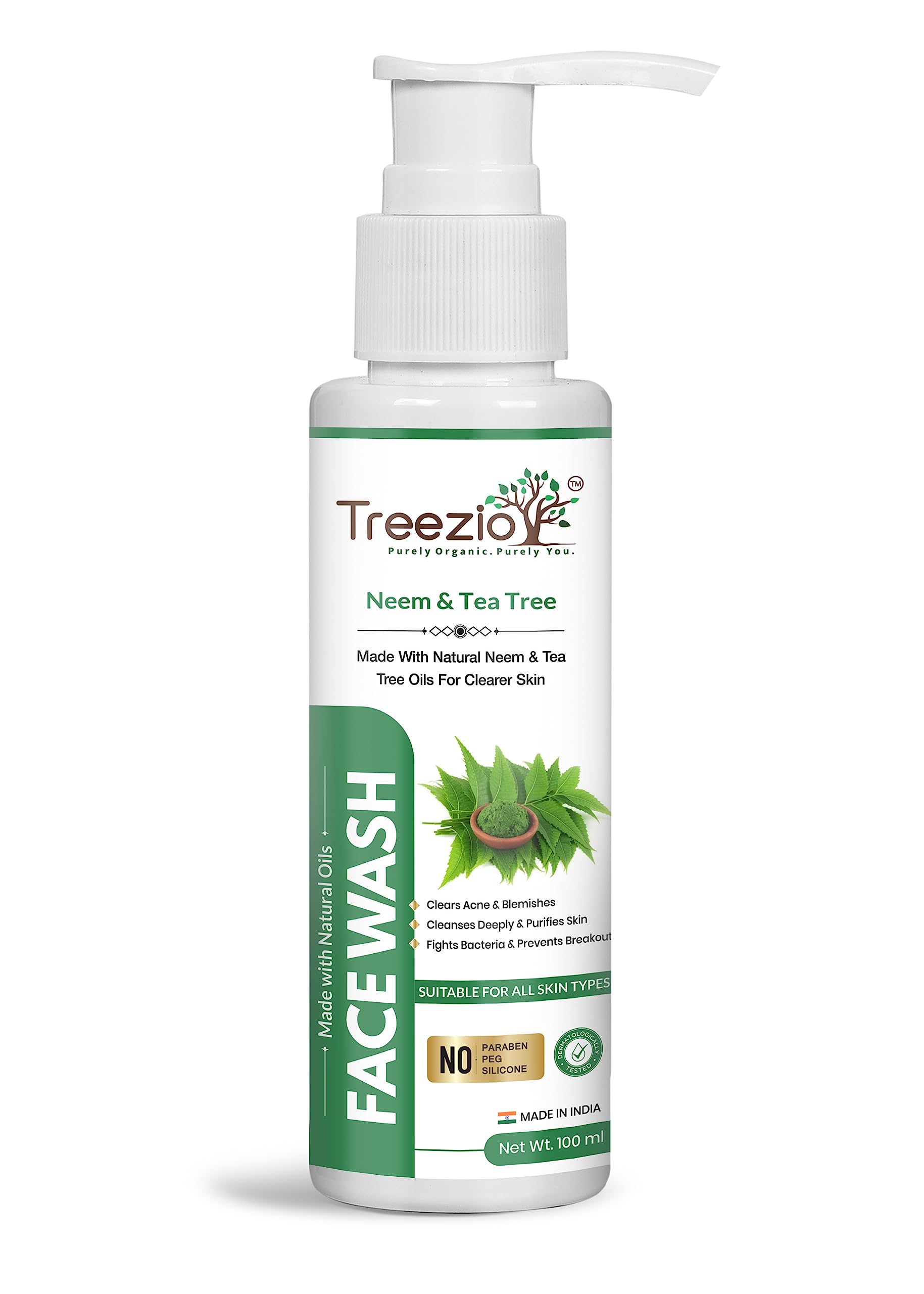 Treezio Neem & Tea Tree Face Wash for Men & Women - All Skin Types | Deep Cleansing, Acne Treatment, Pimple Control | 100% Natural Herbal Formula (100ml) | Perfect for Daily Skincare & Acne-Prone Skin Care Routine