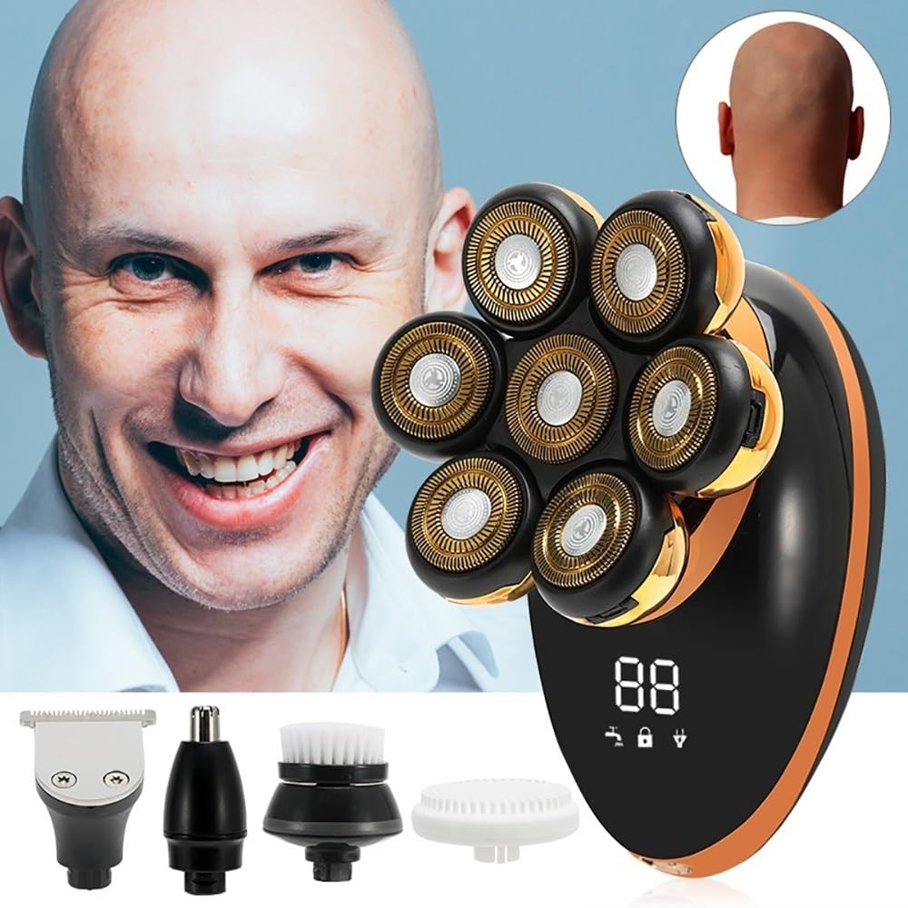 7D Floating Head Electric Razor for Bald Men - 5-in-1 Rechargeable Waterproof Shaver with 7 Independent Cutters, Multifunctional Trimmer (Golden) - Perfect for Travel, Gym & Daily Head Shaving