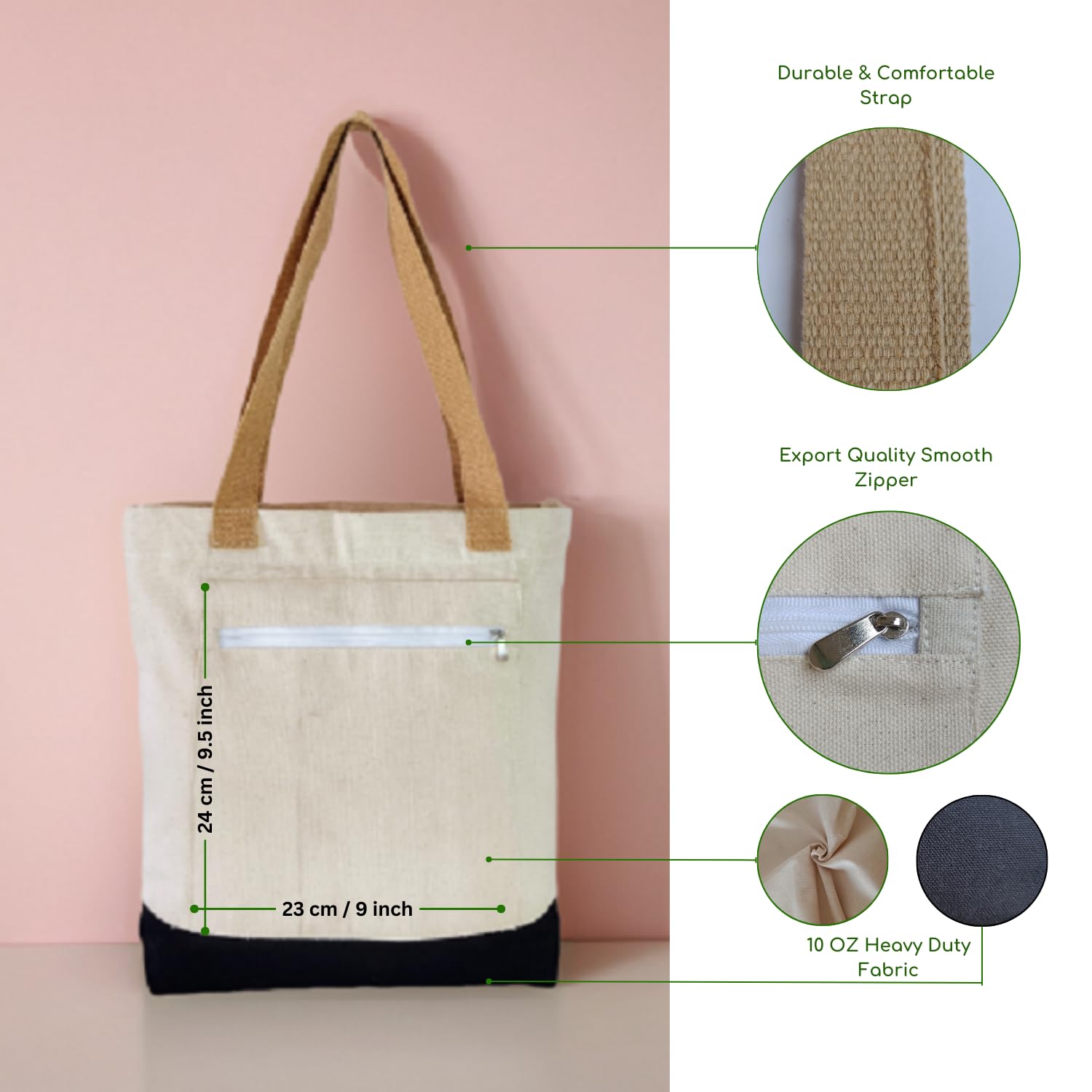 Eco-Friendly Women's Tote Bag with Zipper Closure & Multiple Pockets | 100% Organic Cotton Canvas Shoulder Bag for Work, School & Everyday Use | Perfect for Office, College, Shopping & Travel