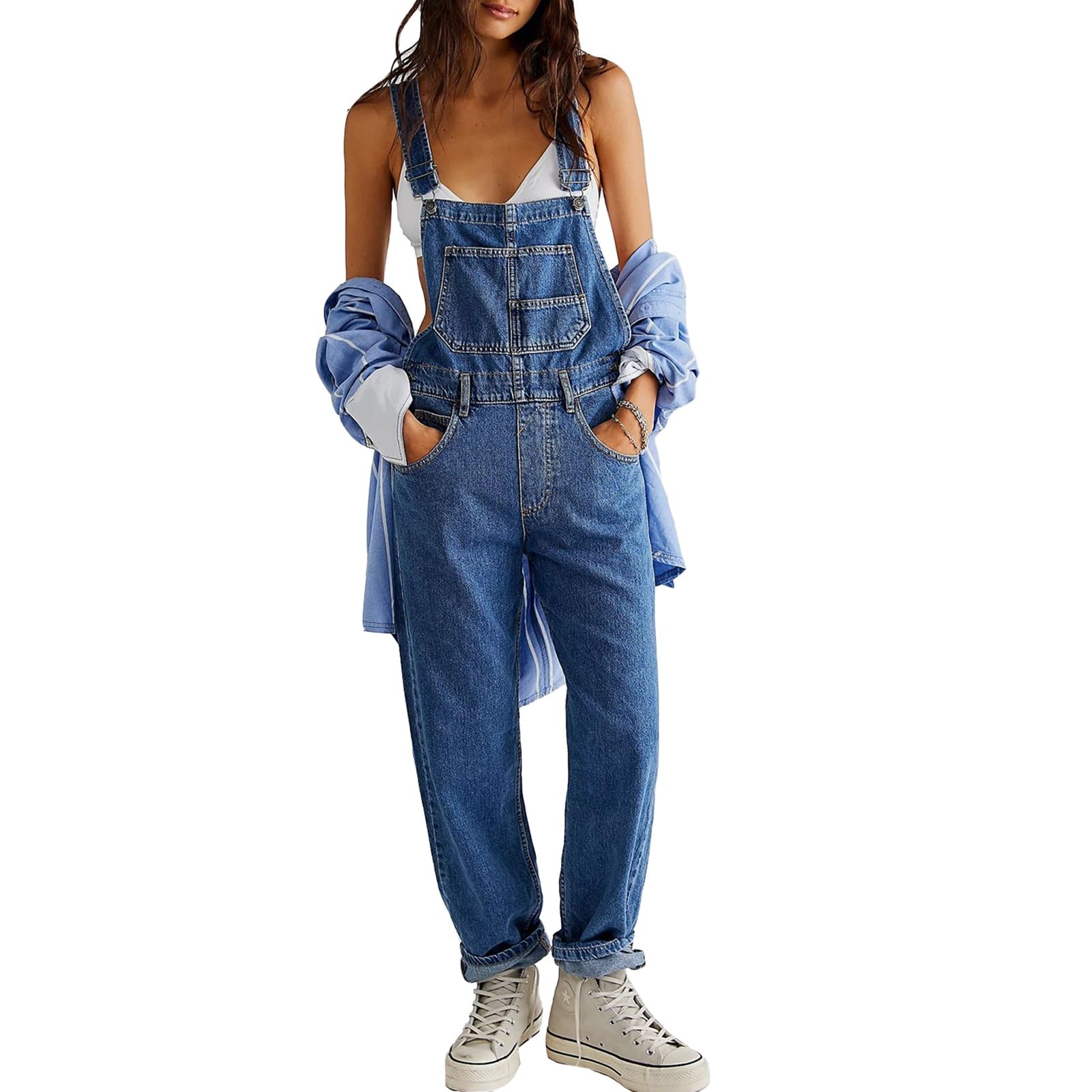 Women's Casual Denim Bib Overalls with Adjustable Straps - Trendy Tapered Leg Jumpsuit with Pockets | Perfect for Work, Outdoor Activities & Everyday Fashion