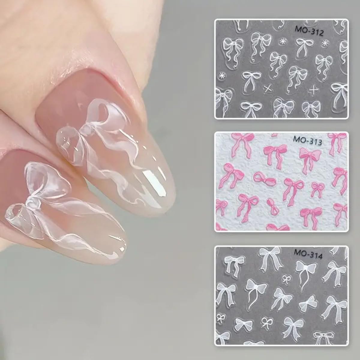 5D Embossed Bow Nail Art Stickers - 3PCS Pink & White Bowknot Nail Decals, Cute Ribbon Bow Tie Design Nail Adhesive Sliders - Kawaii Manicure Accessories for Women & Girls - Perfect for DIY Nail Art, Party Decorations, and Gift Giving