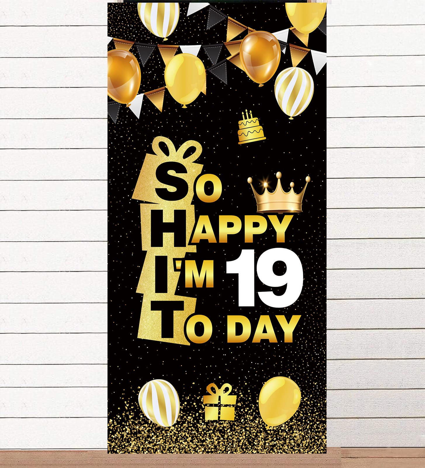 Happy 19th Birthday Decorations - Black Gold Banner Backdrop Crown Photo Booth Props for 19th Birthday Party Supplies | Perfect for Teen Birthday Celebrations, Photo Shoots & Social Media Posts