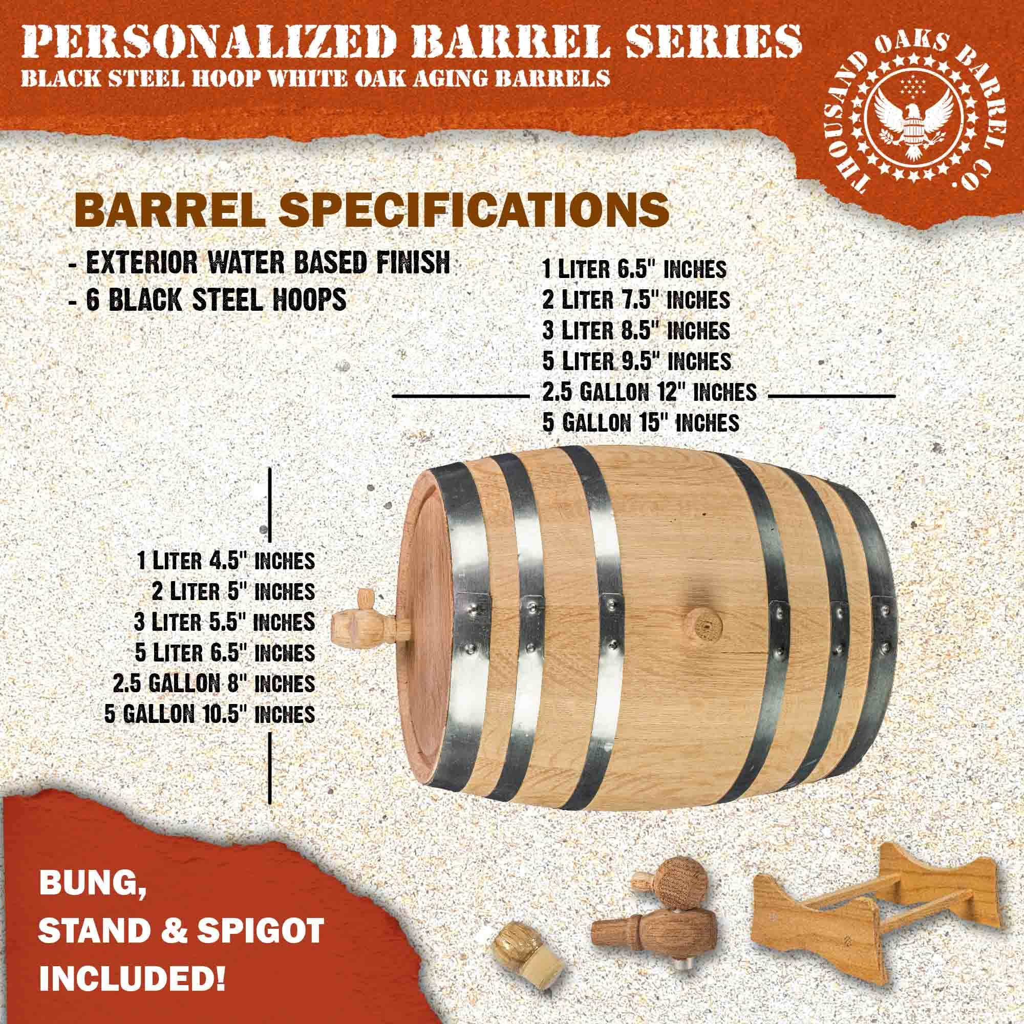 5 Liter Personalized Oak Wine Barrel (1 Gallon) with Stand, Bung & Spigot - Custom Engraved V16 Design for Aging Whiskey, Bourbon, Cocktails & Beer | Perfect for Home Bars, Gifts & Craft Brewing