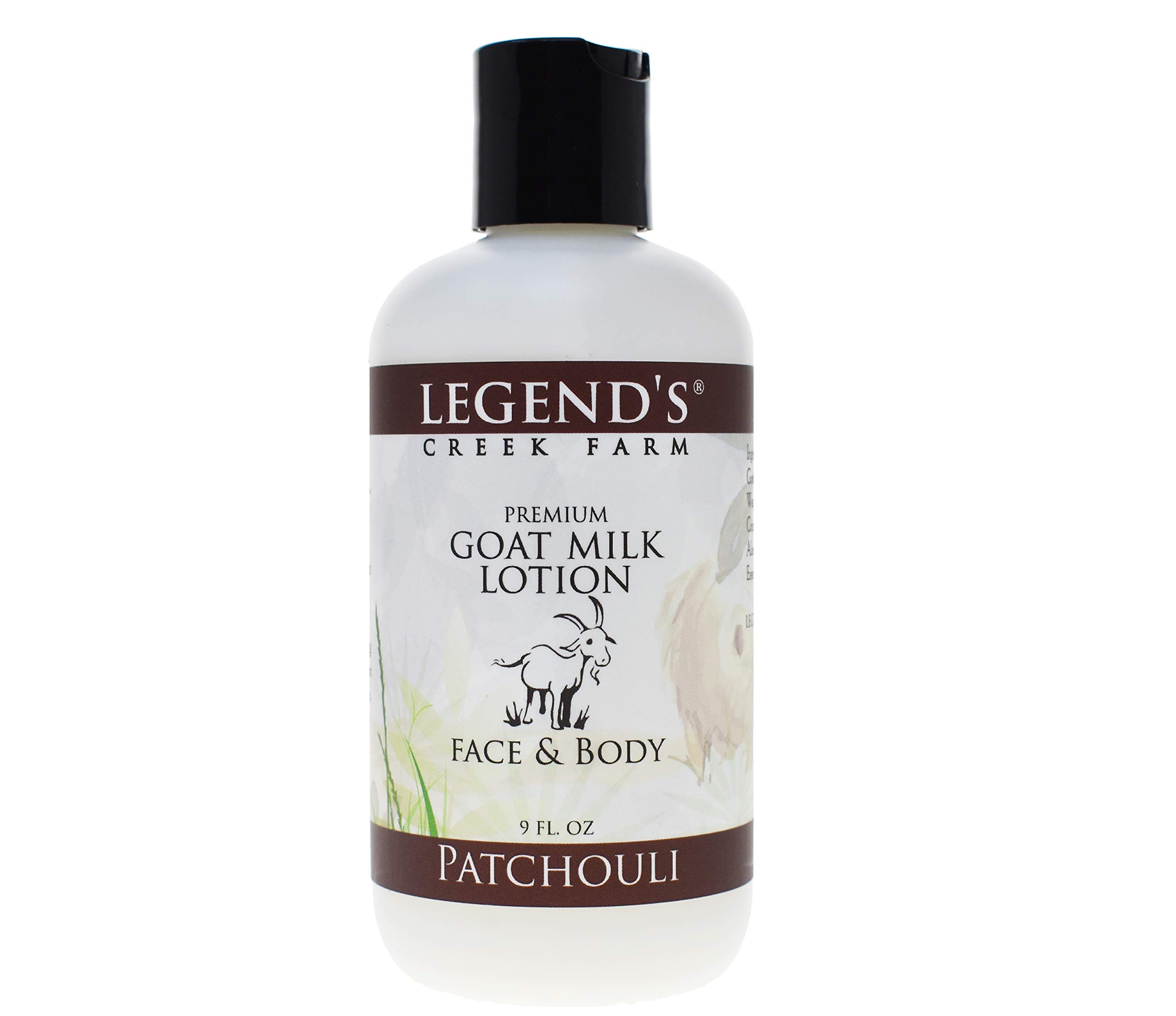 Legend's Creek Farm Goat Milk Lotion - Ultra Hydrating Body, Hand & Face Moisturizer with Shea Butter & Aloe Vera - 9 oz Natural Skincare Made in USA (Patchouli Scent) | Perfect for Dry Skin Care, Daily Hydration & Gift Giving