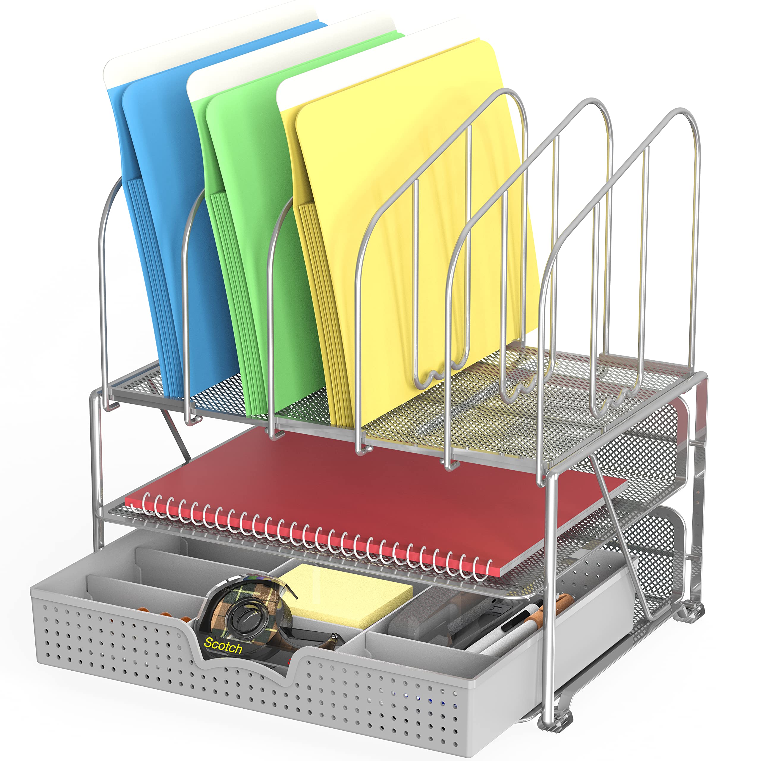 Deco Brothers Metal Desk File Organizer with Letter Tray & 5 Upright File Holders - Silver | Office Document Management System for Home & Business Workspace Organization