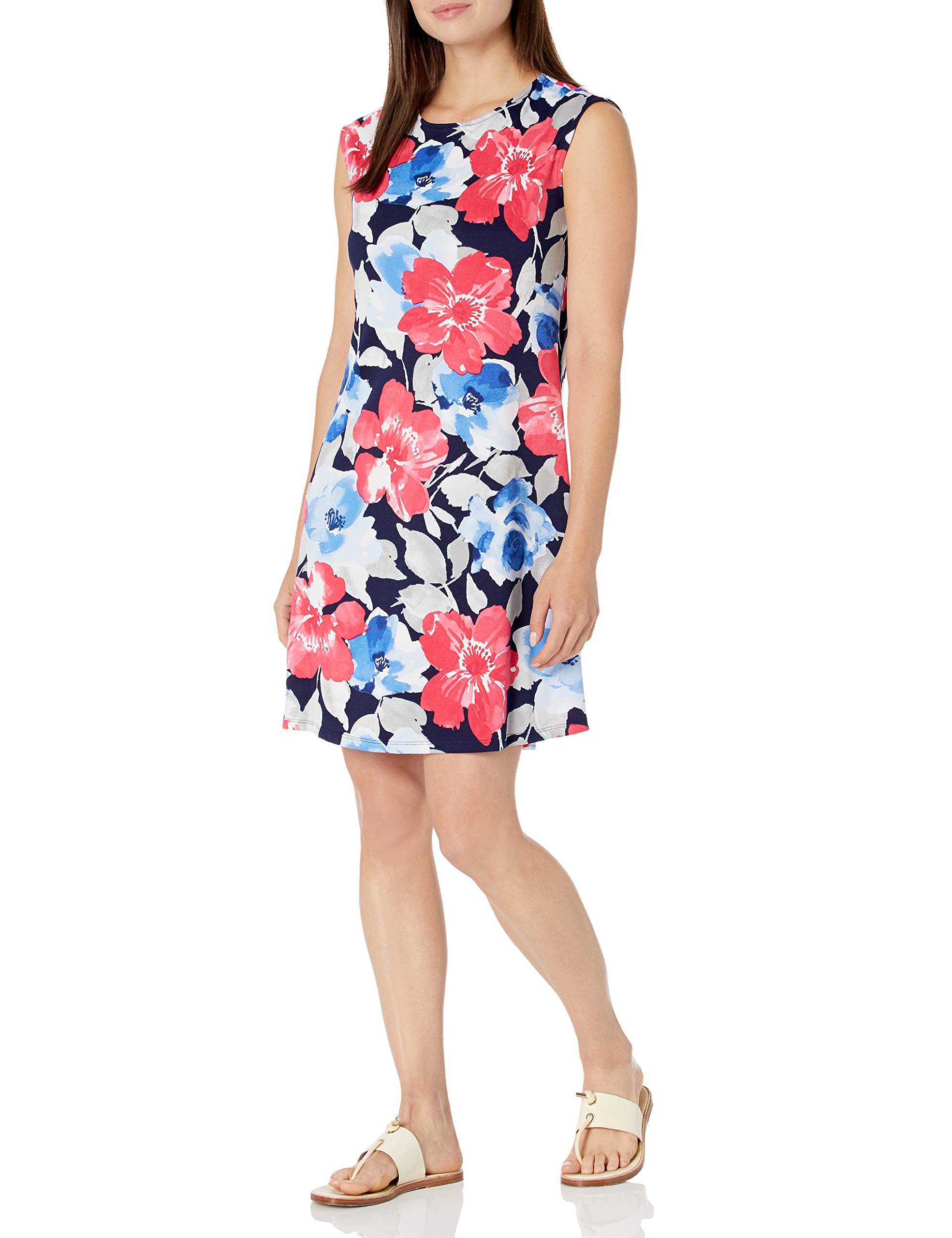 NINE WEST Women's Printed Crepe Extended Cap Swing Dress - Flowy Midi Dress for Casual Wear, Office & Special Occasions