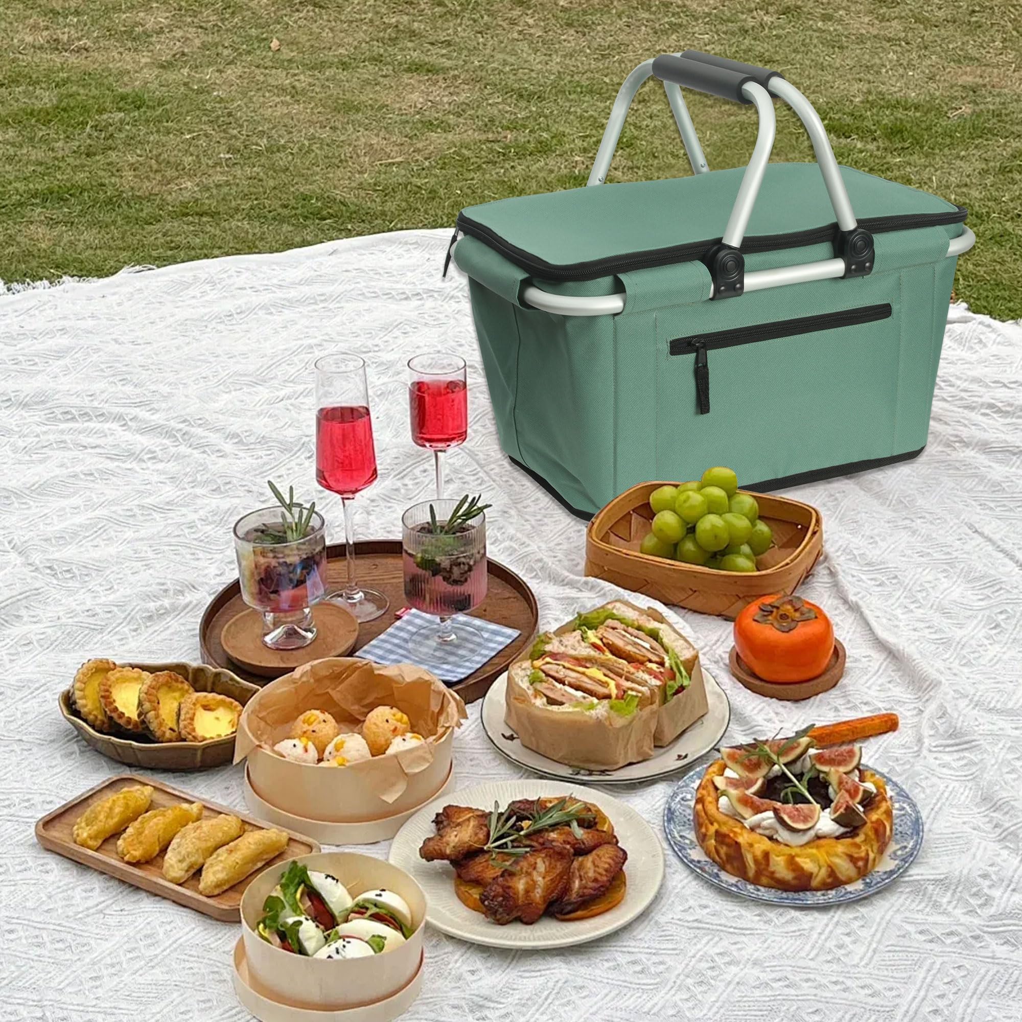 SIYUAN 27L Collapsible Picnic Basket with Lid & Handles - Large Insulated Cooler Grocery Bag for Shopping, Market, Beach & Outdoor Activities - Reusable & Foldable (Green)