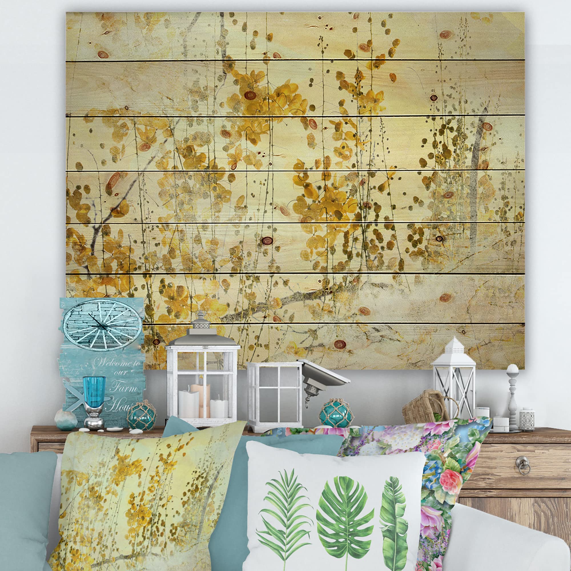 DesignQ Yellow Flower Grunge Art Modern & Contemporary Wood Wall Decor - Large Floral Wood Wall Panels Printed on Natural Pine - Perfect for Living Room, Bedroom & Office Wall Art Decor