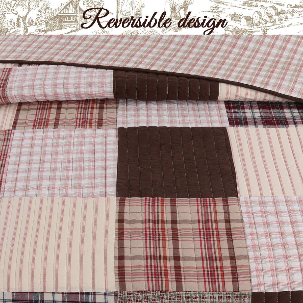 Brody Farmhouse Chocolate Plaid Reversible Quilt Set - 3 Piece King Size Brown Grid Bedspread | Cozy Patchwork Coverlet for Farmhouse & Rustic Bedroom Decor | Perfect for Master Bedrooms, Guest Rooms & Cozy Winter Nights