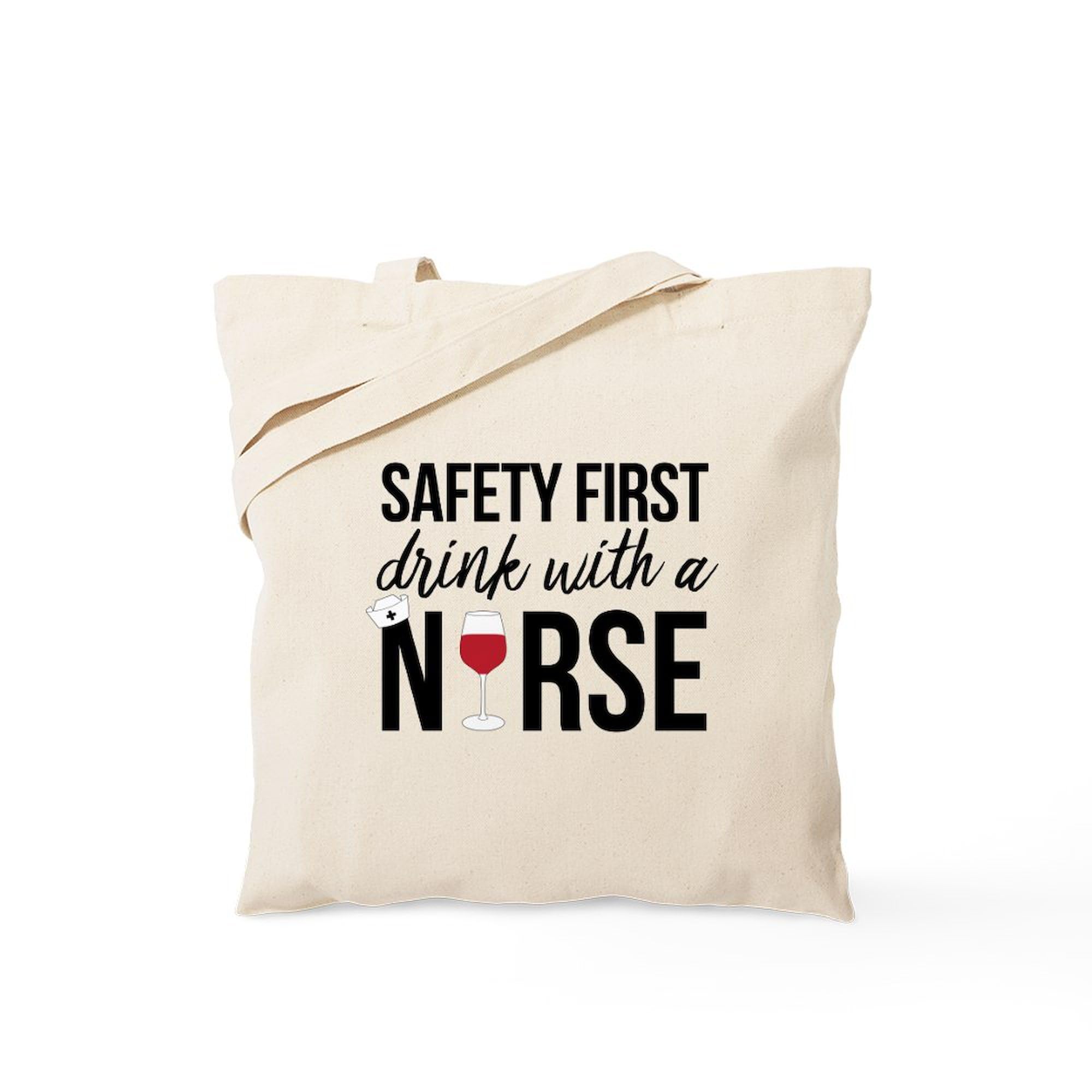 Safety First Drink With A Nurse Tote Bag - Natural Canvas Reusable Shopping Bag for Nurses, Medical Professionals & Healthcare Workers - Perfect for Work, Groceries & Everyday Use