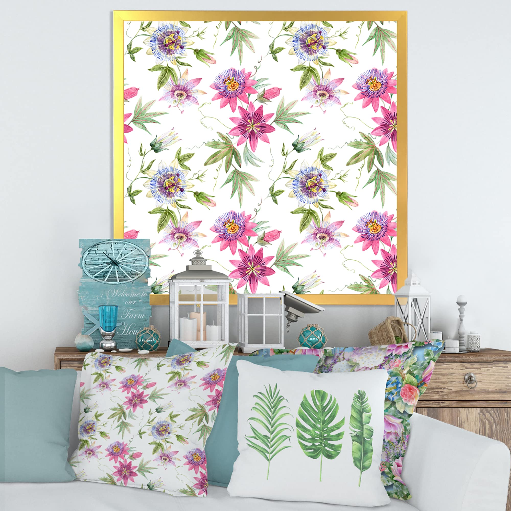 DesignQ Pink Passionflower Traditional Framed Wall Art - Floral Home Decor for Living Room, Bedroom & Office