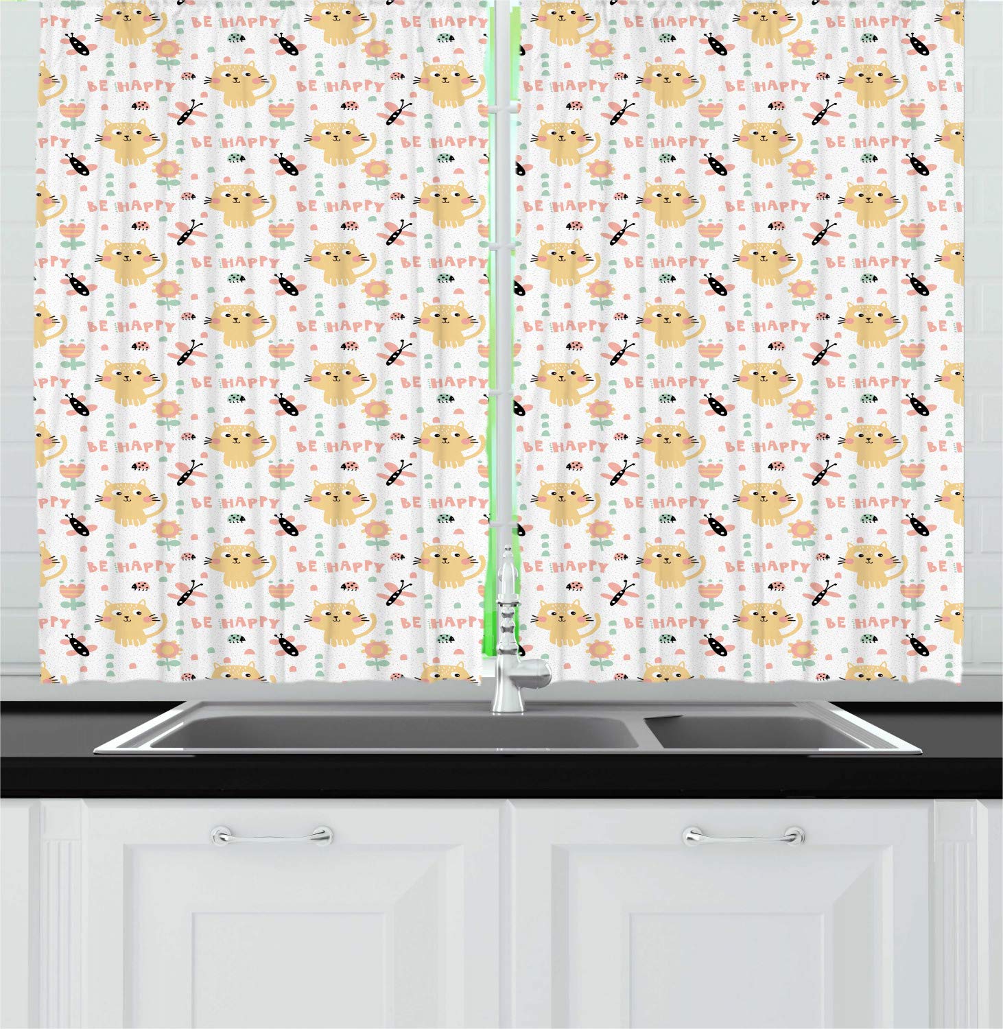 Ambesonne Cartoon Kitchen Curtains - Pastel Kitten, Butterfly, Ladybug & Floral Print Window Drapes, 2 Panel Set for Kitchen & Cafe Decor, 55