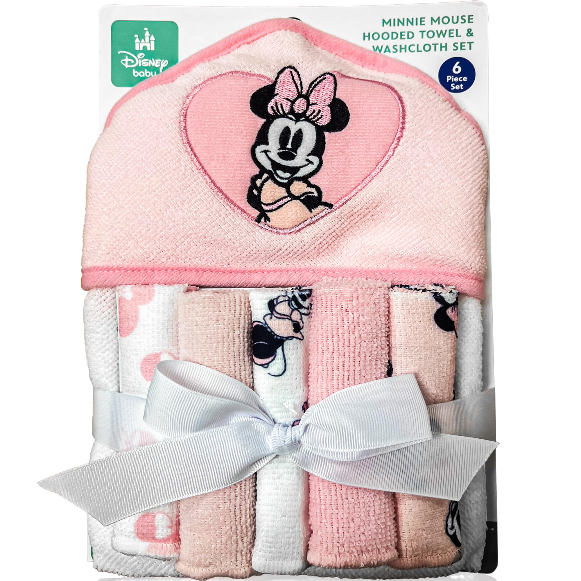 Minnie Mouse Hooded Baby Bath Towel Set - Soft Plush Disney Licensed Pink/White | 5 Wash Cloths Included | Newborn Essentials for Bath Time & Baby Showers | Perfect Gift for Girls & Toddlers