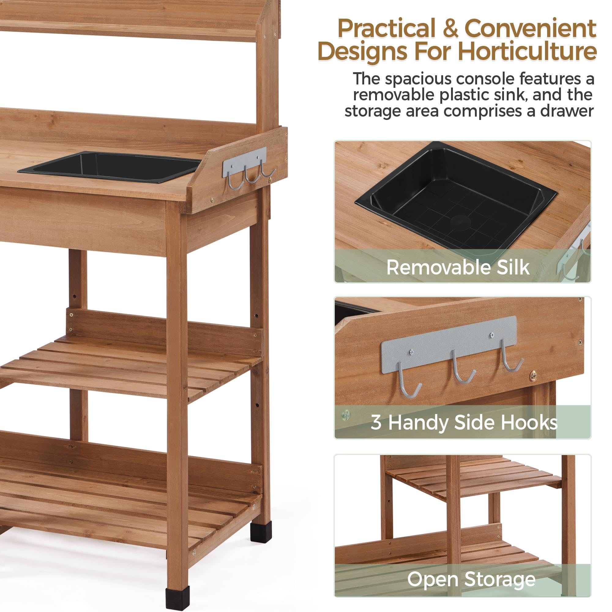 Yaheetech Outdoor Potting Bench with Sink, Drawer & Shelves - Solid Wood Garden Work Station for Planting, Horticulture & Gardening - Perfect for Backyard, Patio & Greenhouse Use