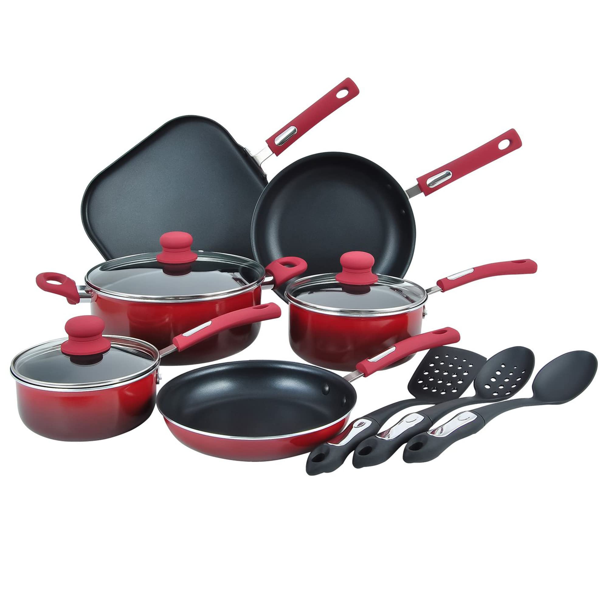 **Hamilton Beach 12-Piece Nonstick Aluminum Cookware Set - Red | Saucepan, Dutch Oven with Soft-Touch Bakelite Handles | Excellent Heat Conduction, Dishwasher Safe & Durable | Perfect for Stovetop Cooking, Baking & Serving**