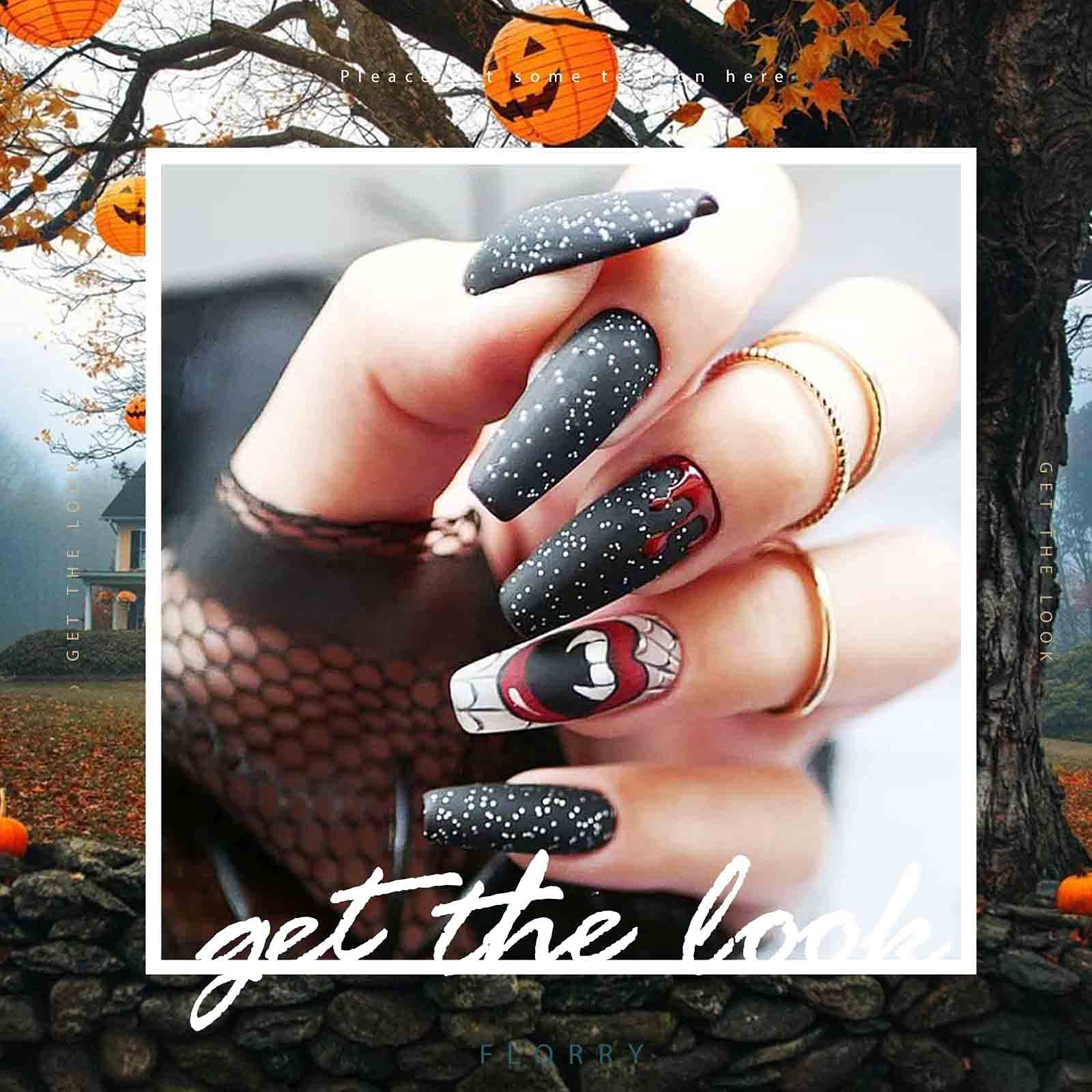 Florry Extra Long Coffin Press on Nails - Black Matte Acrylic Fake Nails for Women & Girls - 24Pcs Halloween Nail Art Set - Perfect for Parties, Costumes & Special Occasions