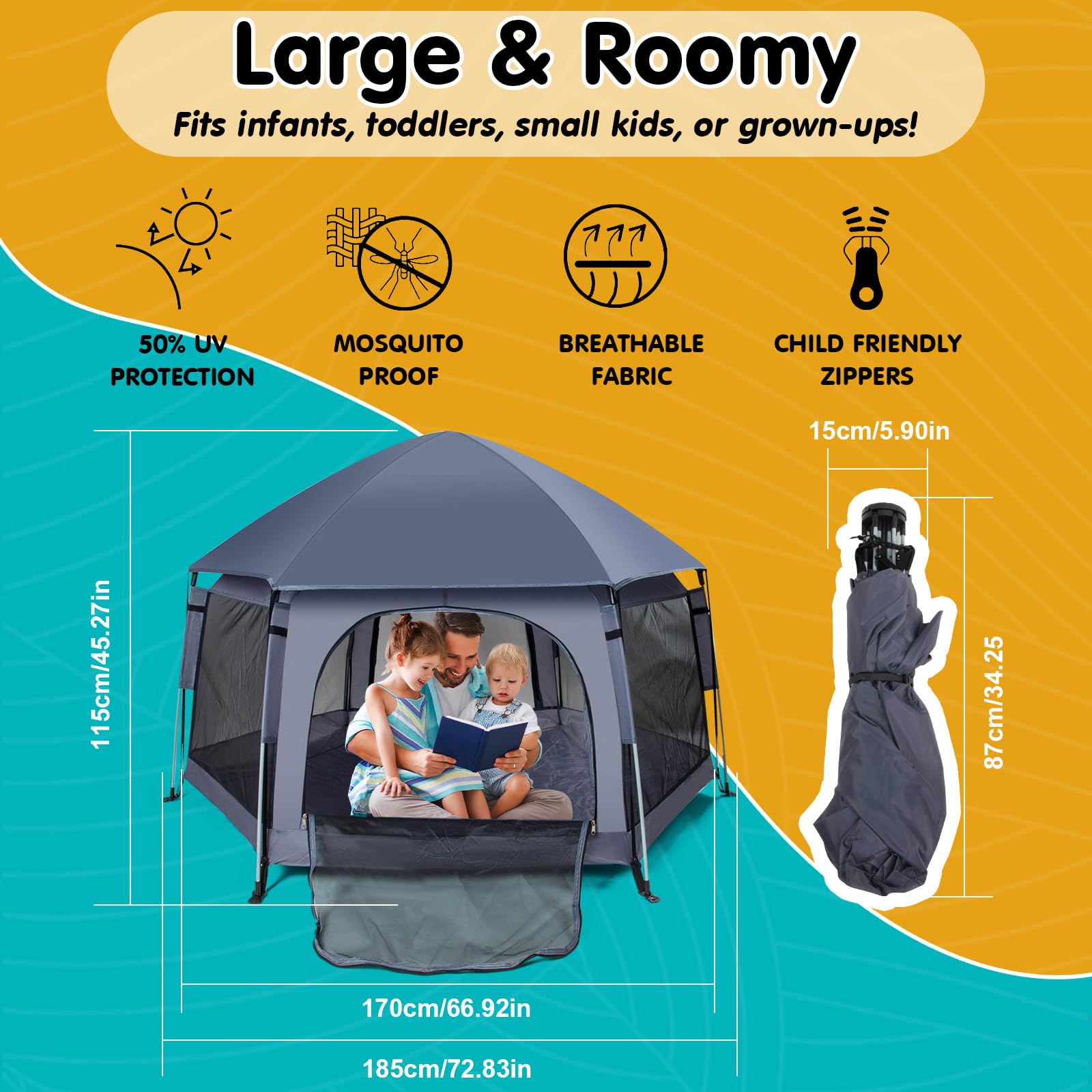 **Premium Indoor & Outdoor Baby Playpen - Portable Lightweight Pop-Up Play Yard with Canopy & Travel Bag - Safe Play Space for Toddlers - Ideal for Home, Travel, Beach & Park (Grey)**