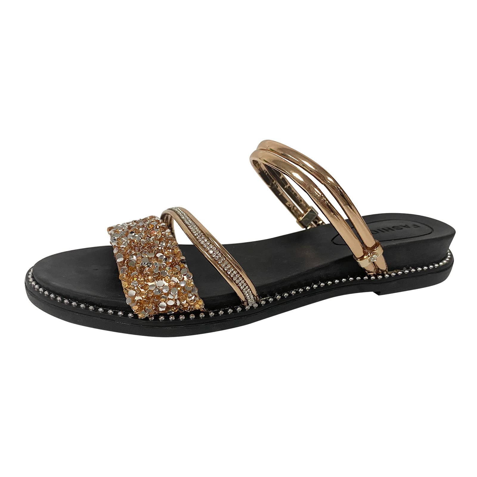Women's Fashion Summer Rhinestone Slip-On Sandals with Buckle - Comfortable Fish Mouth Flat Sandals for Beach, Vacation & Casual Outings