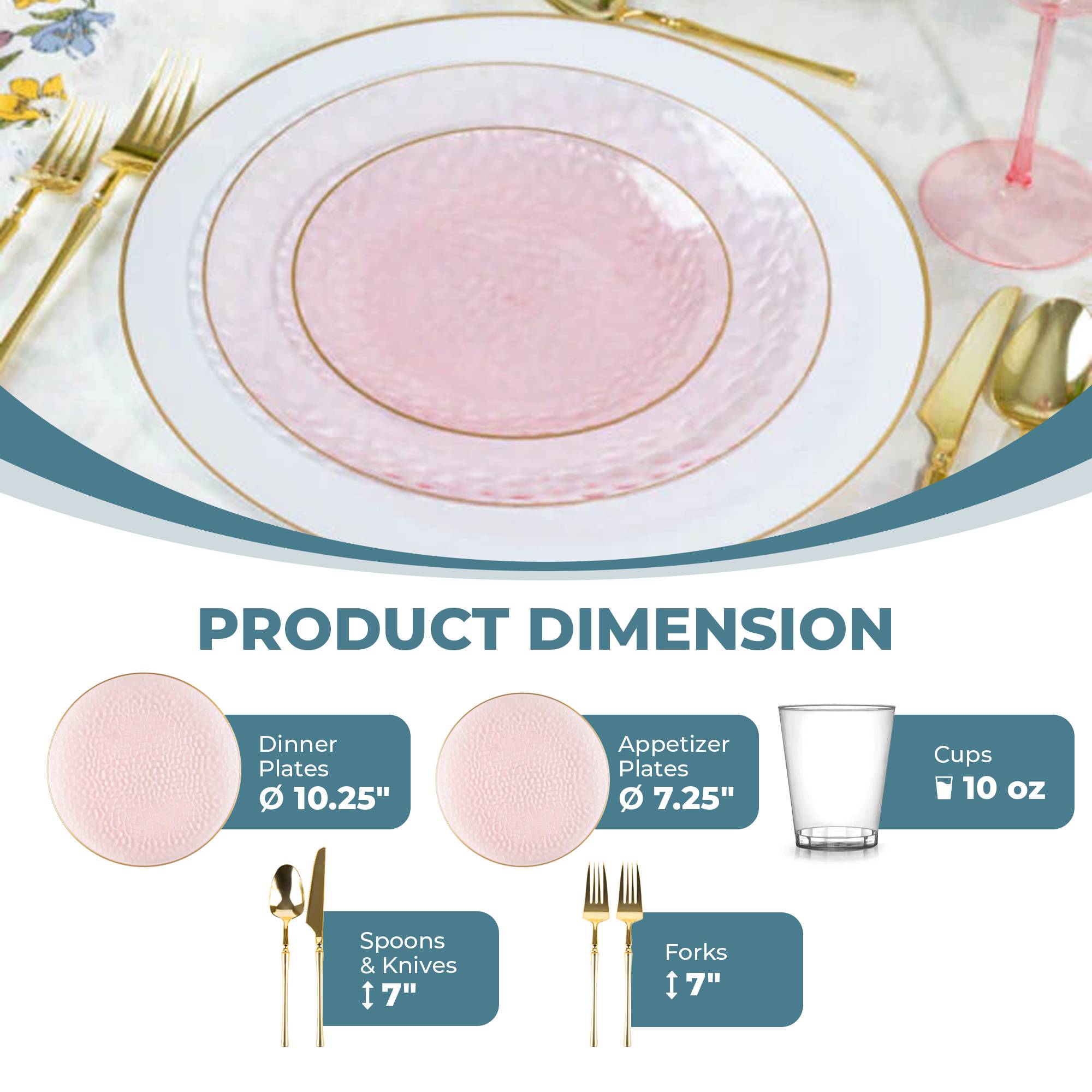 Pink and Gold Plastic Party Bundle - Organic Hammered Disposable Tableware Set for Birthday, Wedding, Baby Shower & Holiday Celebrations